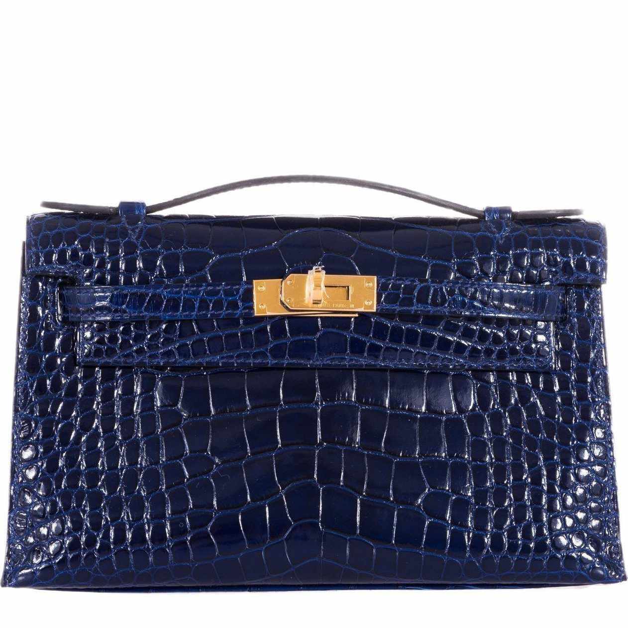 Hermes Shiny Blue Brighton Alligator Kelly Pochette Bag with