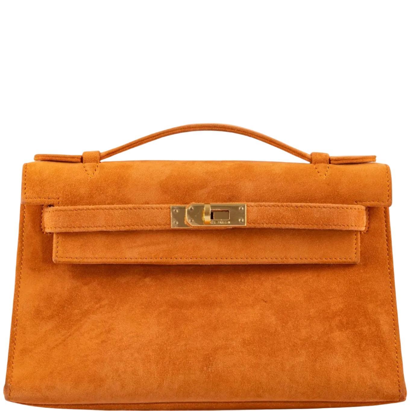 Hermès Kelly Pochette Orange H Veau Doblis Suede with Gold Hardware