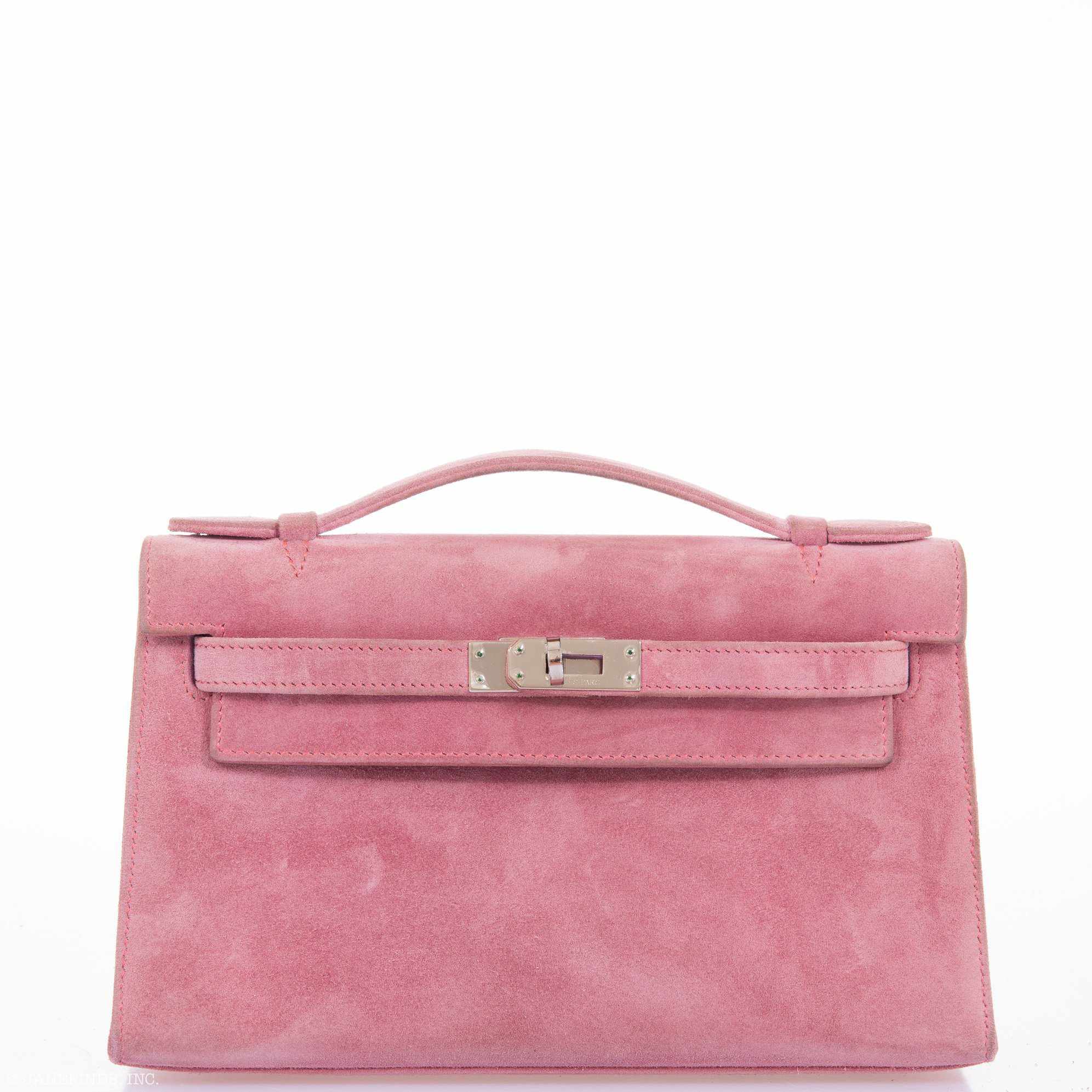 Hermès Kelly Pochette Pink Veau Doblis Suede with Palladium Hardware