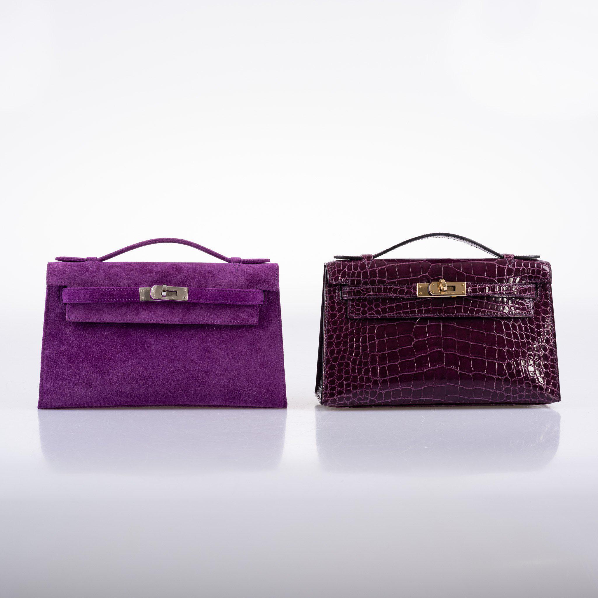 Hermès Kelly Pochette Violet Veau Doblis Suede Palladium Hardware - 2006, J Square