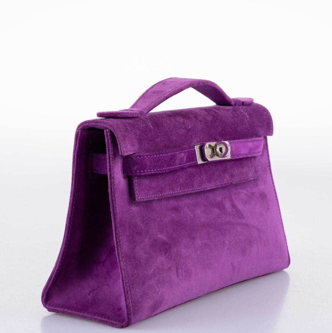 Hermès Kelly Pochette Violet Veau Doblis Suede Palladium Hardware - 2006, J Square