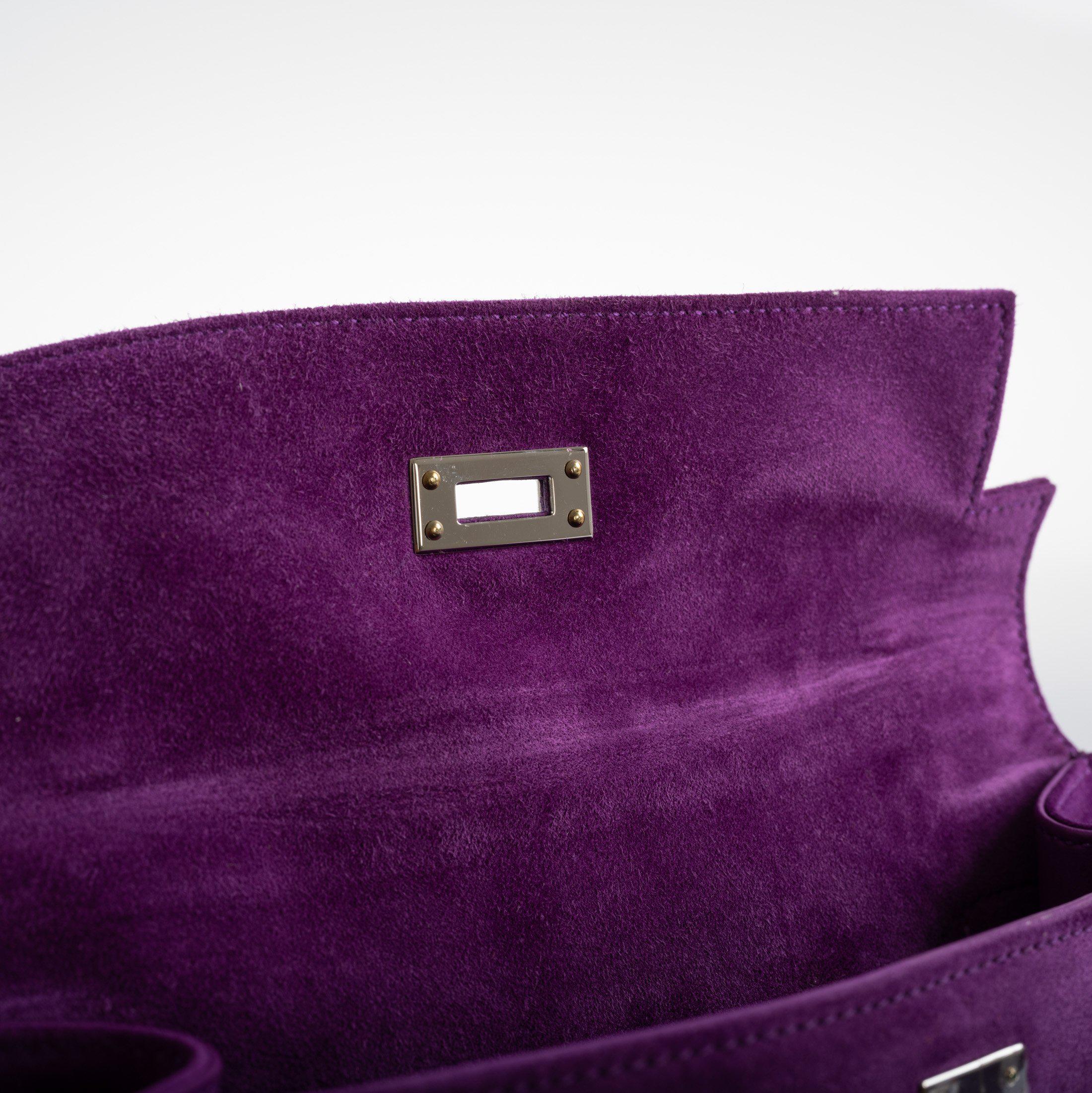 Hermès Kelly Pochette Violet Veau Doblis Suede Palladium Hardware - 2006, J Square