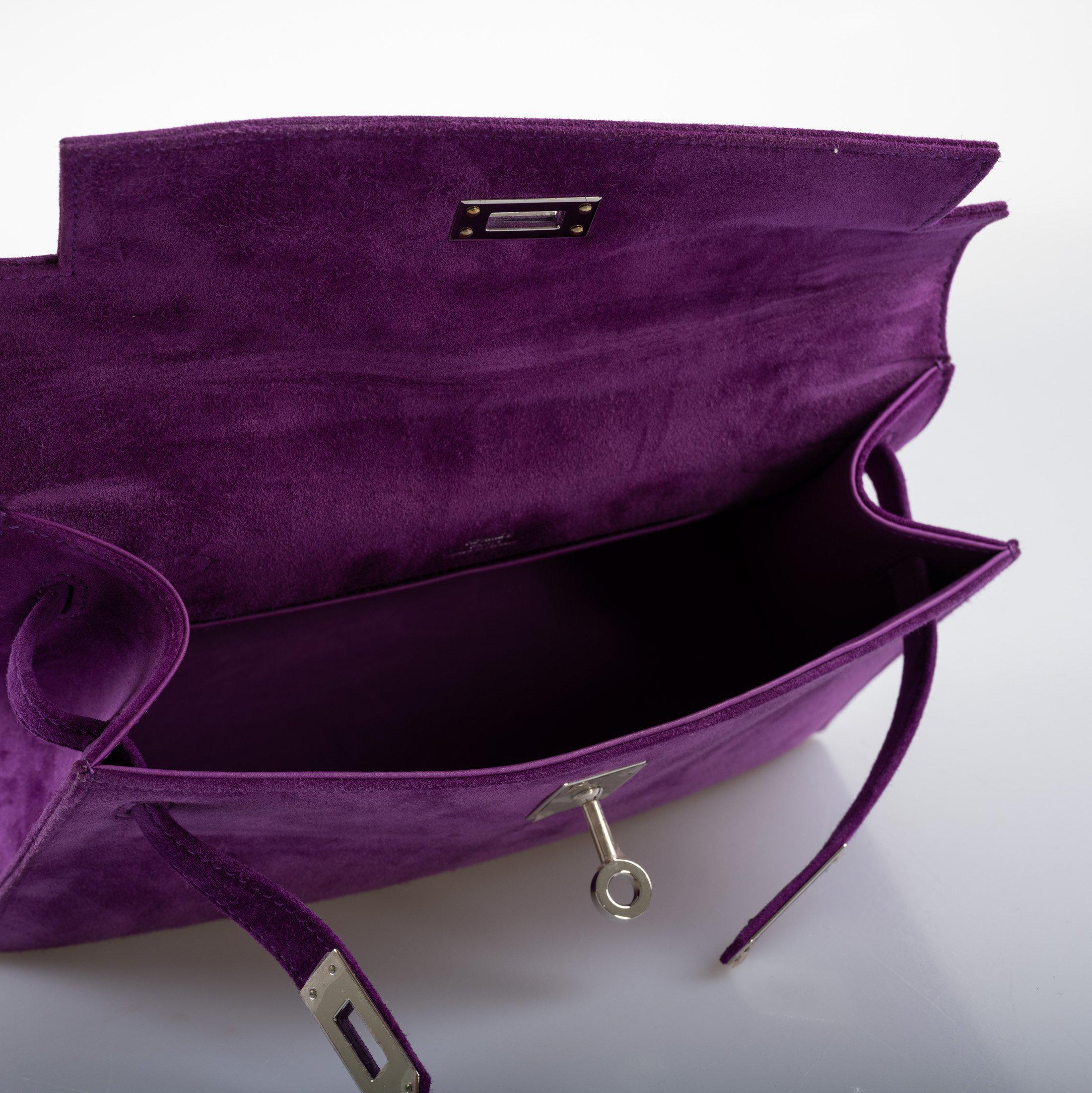 Hermès Kelly Pochette Violet Veau Doblis Suede Palladium Hardware - 2006, J Square