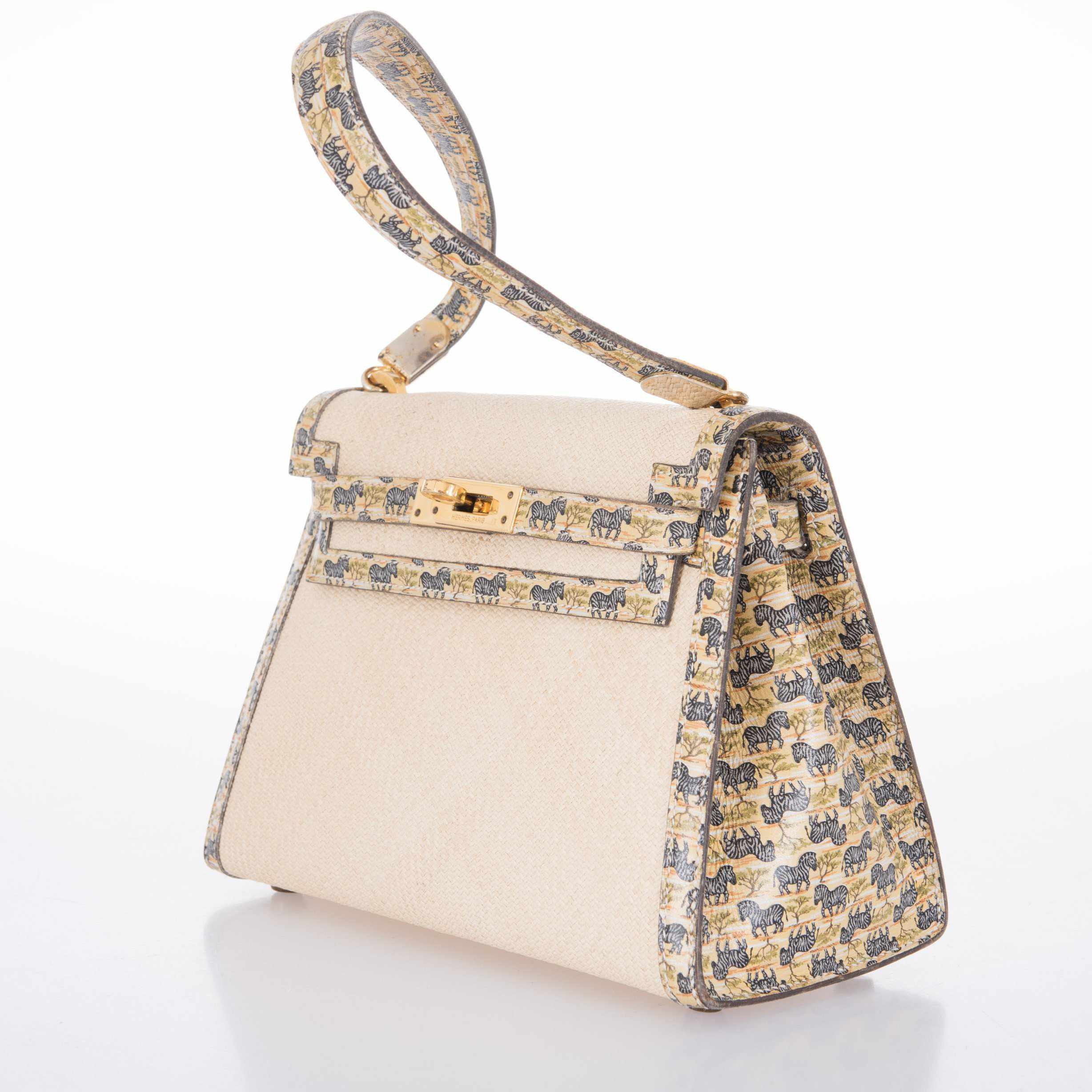 Hermès Kelly Sellier 20 Panama Straw Natural Zebra Print Gold Hardware