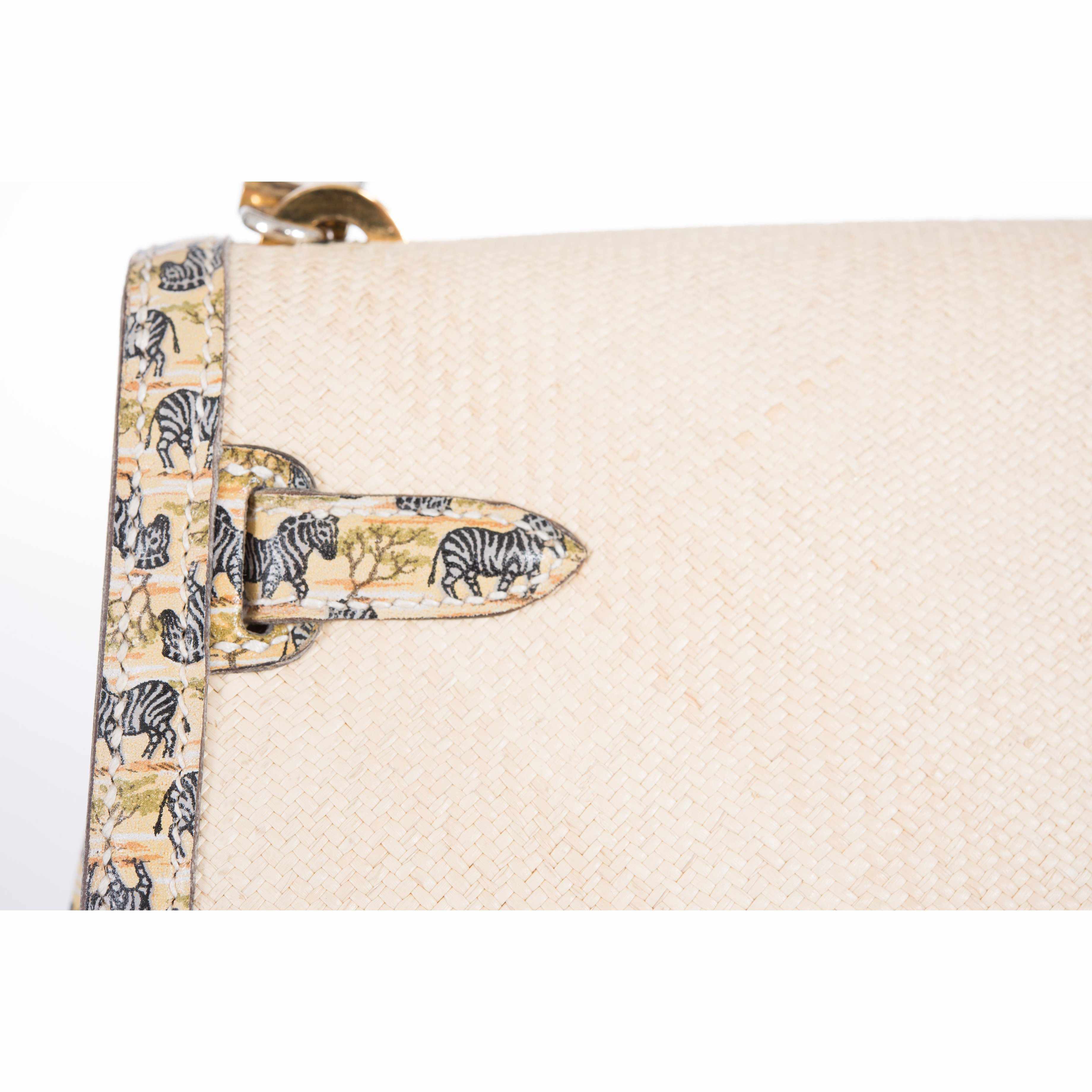Hermès Kelly Sellier 20 Panama Straw Natural Zebra Print Gold Hardware