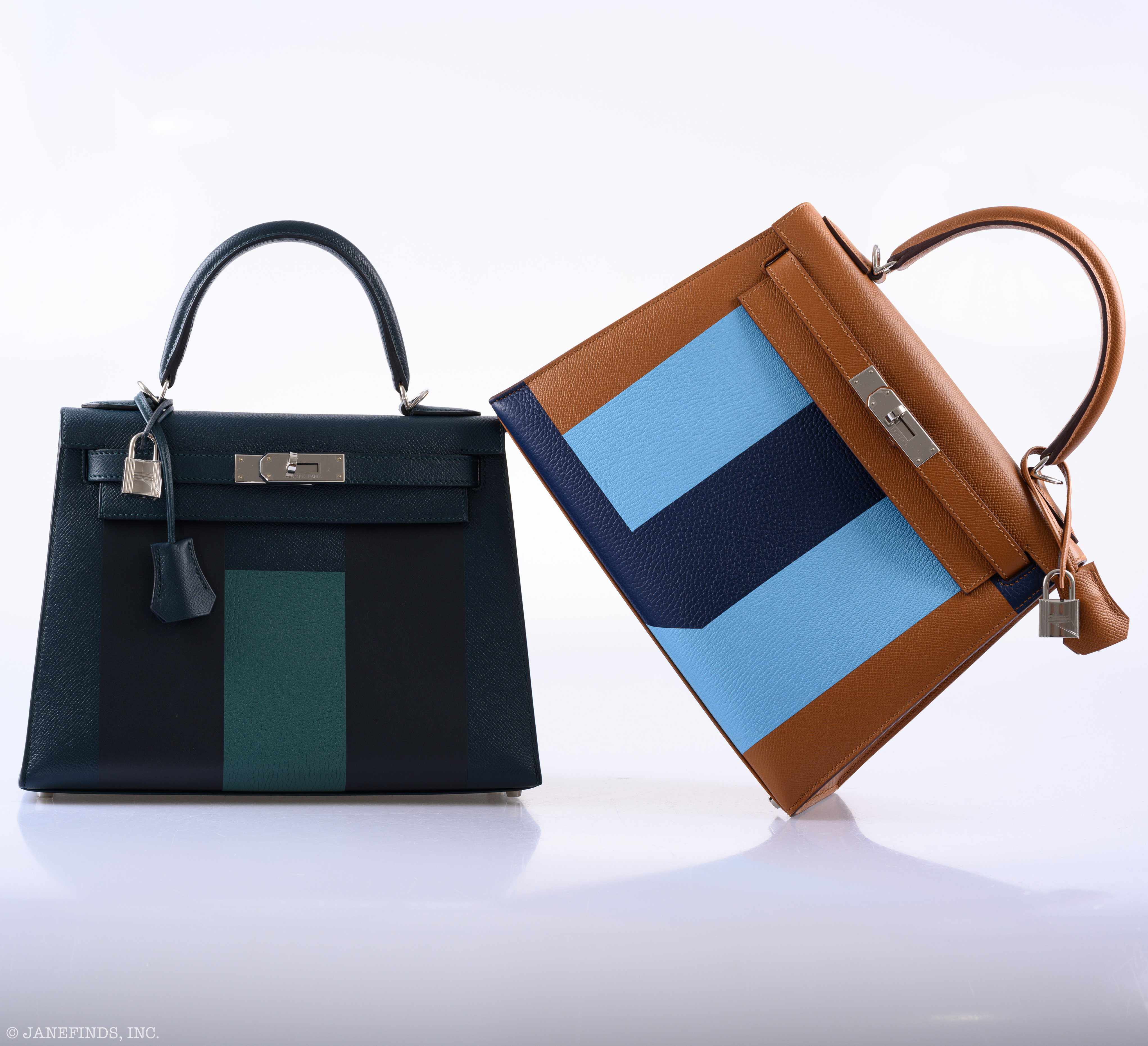 Hermès Kellygraphie 28 Sellier ‘H’ Lettre Vert Cypres Epsom, Blue Obscur Sombrero & Malachite Clemence Kelly Palladium Hardware - 2019, D