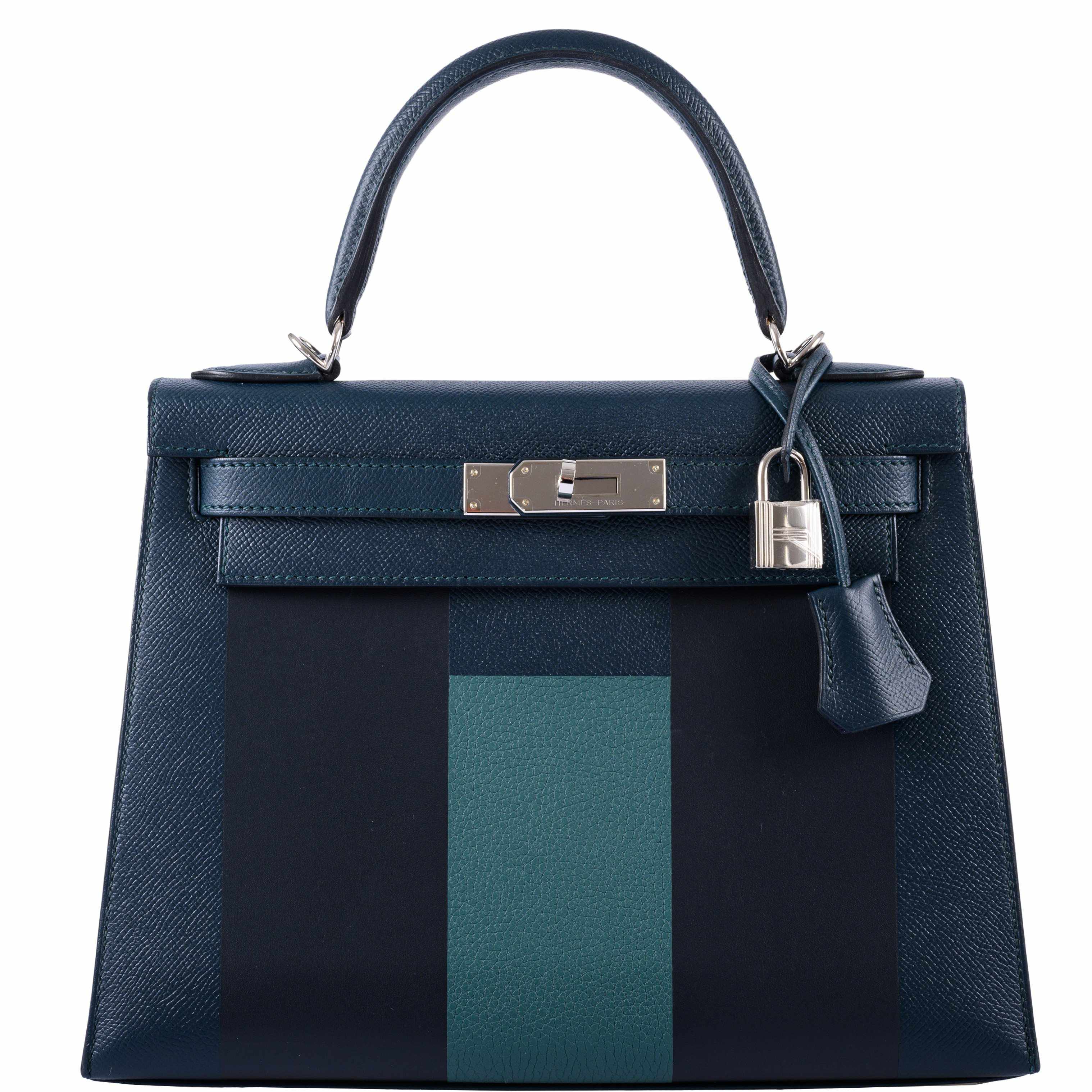 Hermès Kellygraphie 28 Sellier ‘H’ Lettre Vert Cypres Epsom, Blue Obscur Sombrero & Malachite Clemence Palladium Hardware