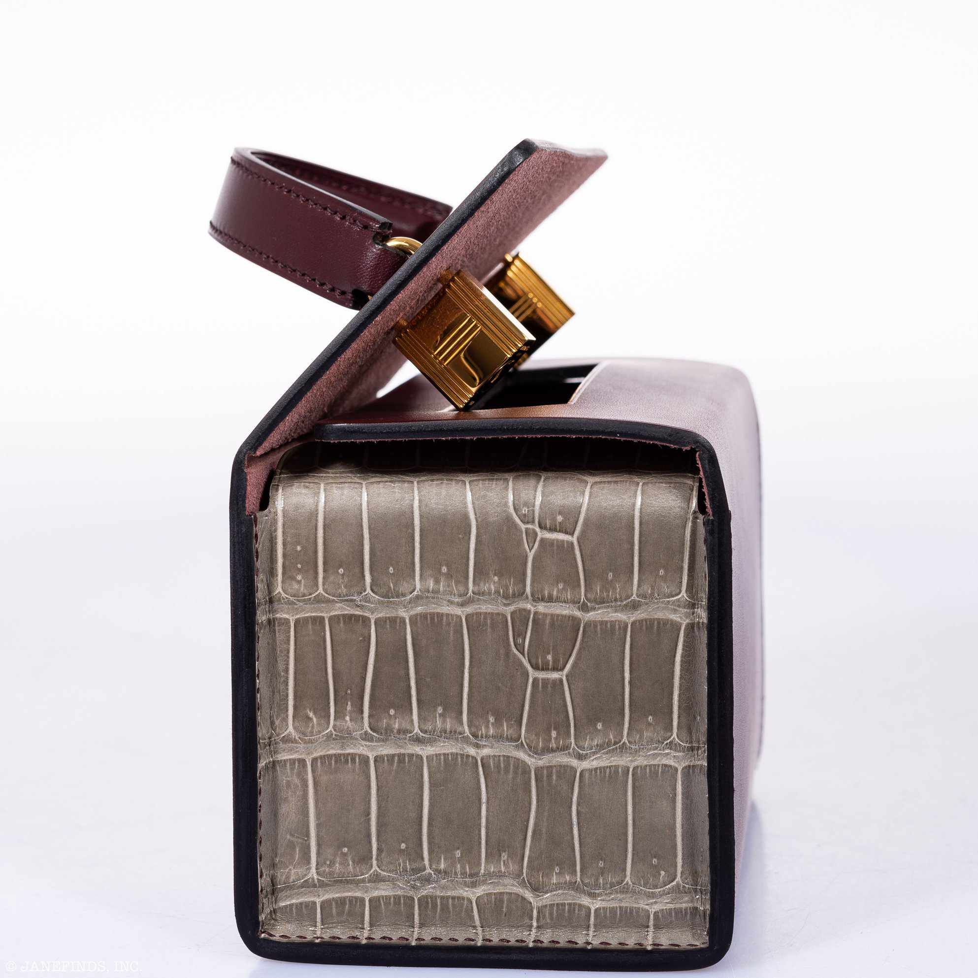 Hermès Minaudière 18 petit h Braise, Gris Paris Porosus Crocodile, Bordeaux Calf Gold Hardware