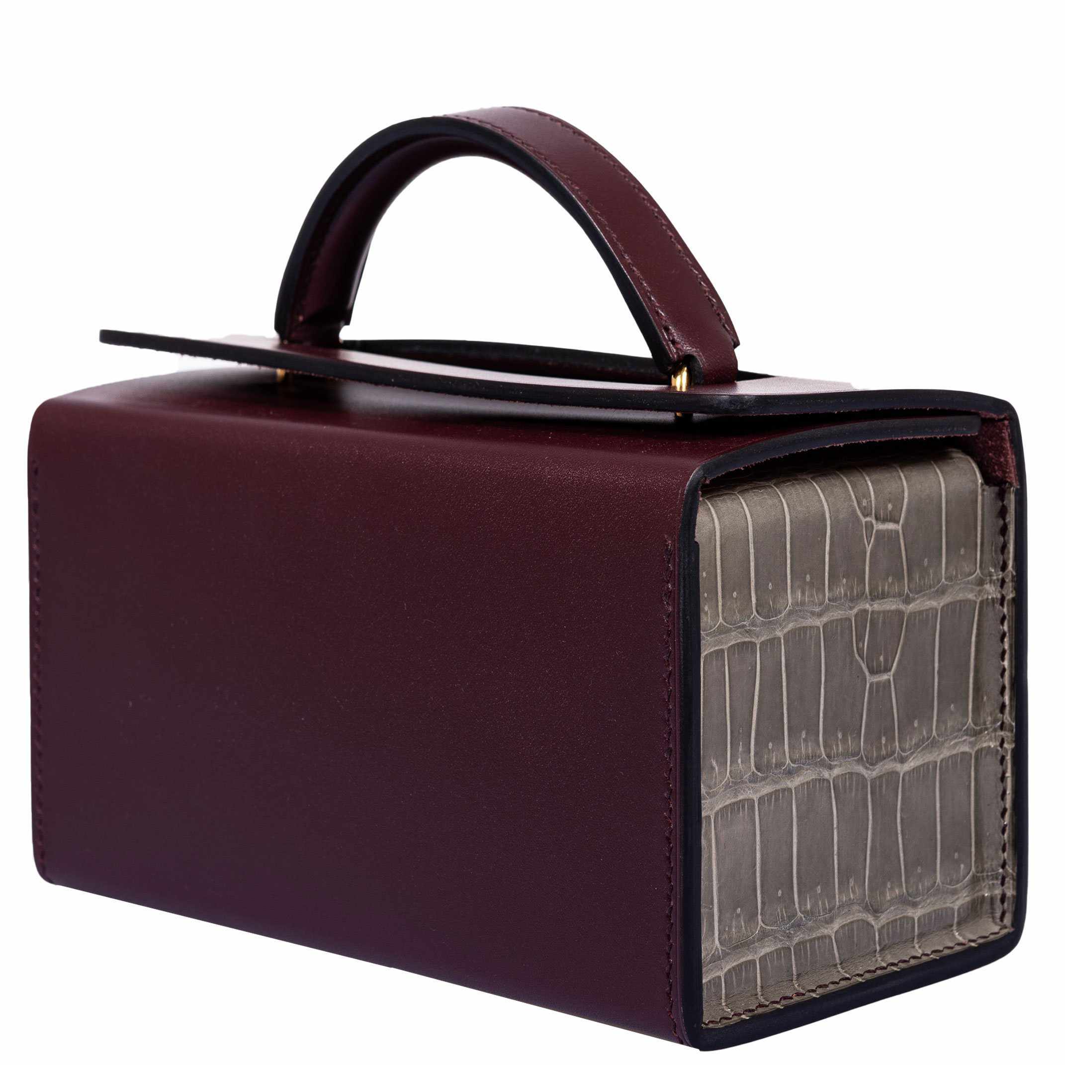 Hermès Minaudière 18 petit h Braise, Gris Paris Porosus Crocodile, Bordeaux Calf Gold Hardware