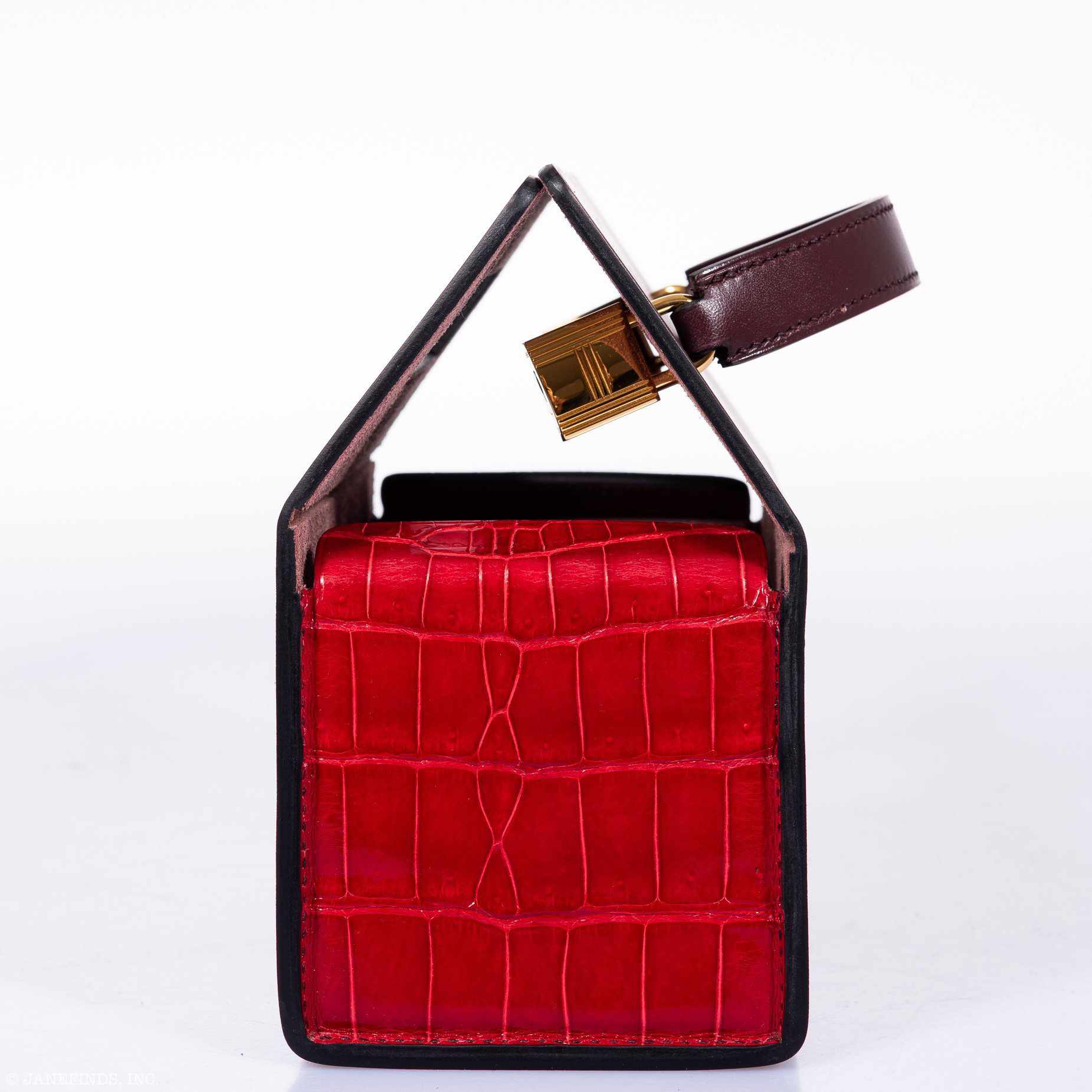 Hermès Minaudière 18 petit h Braise, Gris Paris Porosus Crocodile, Bordeaux Calf Gold Hardware