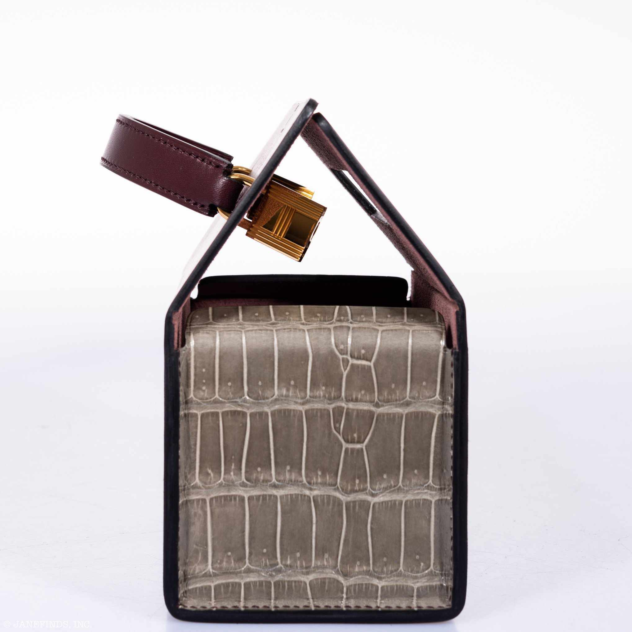 Hermès Minaudière 18 petit h Braise, Gris Paris Porosus Crocodile, Bordeaux Calf Gold Hardware