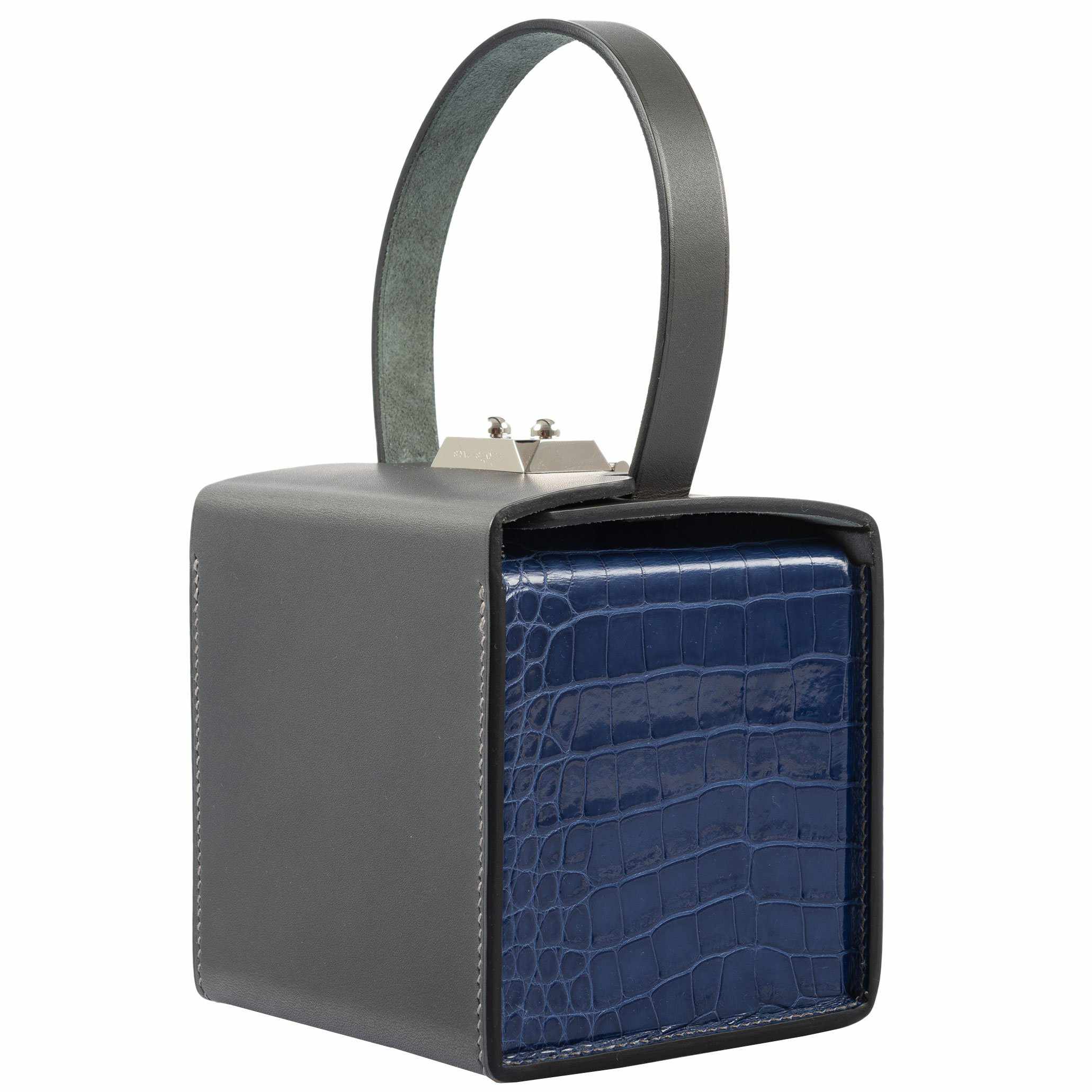 Hermès Minaudière petit h Box Bag, Gray, Saphir, Ambre Porosus Crocodile Silver Hardware