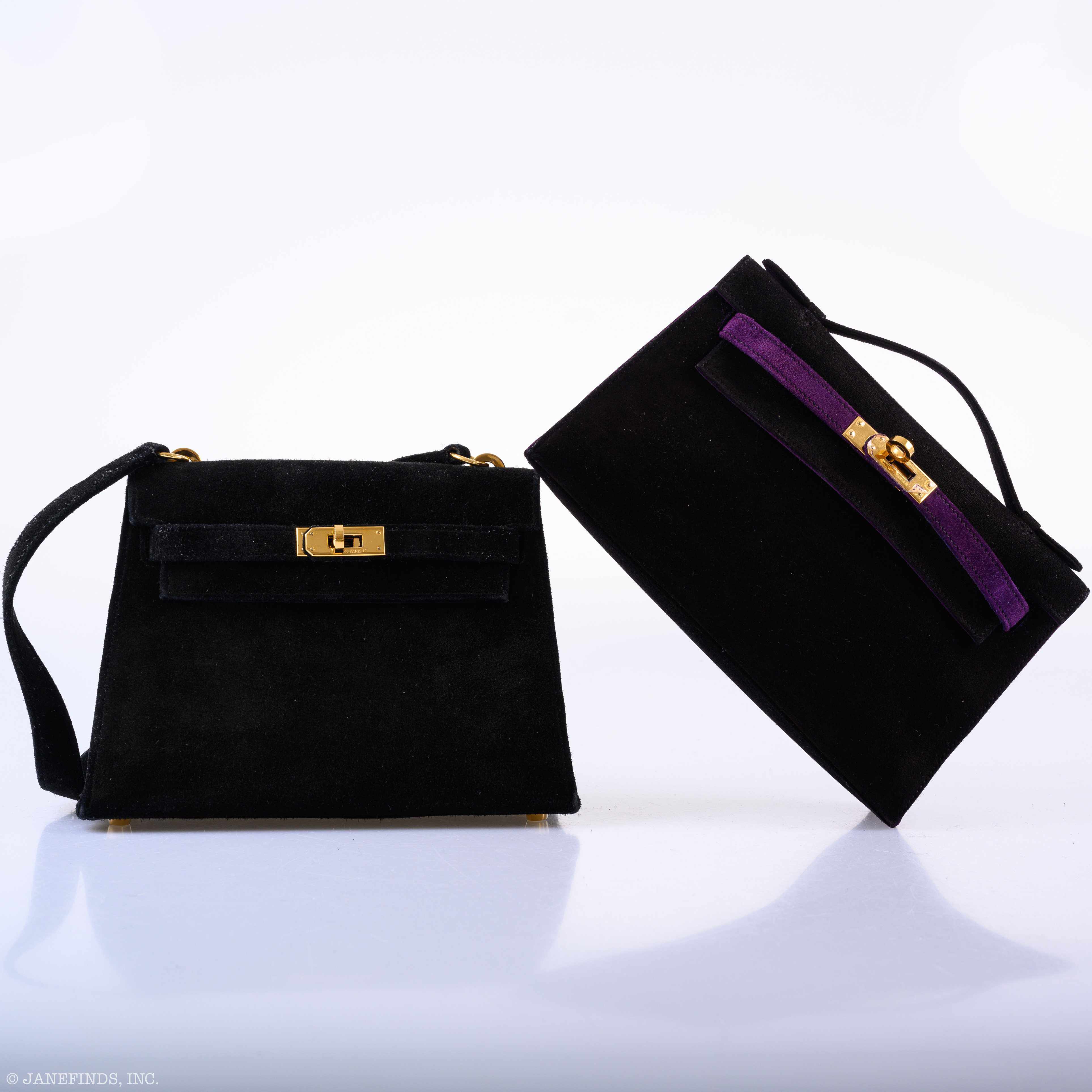Hermès Mini Kelly 20 Sellier Shoulder Black Veau Doblis Suede Gold Hardware - 1999