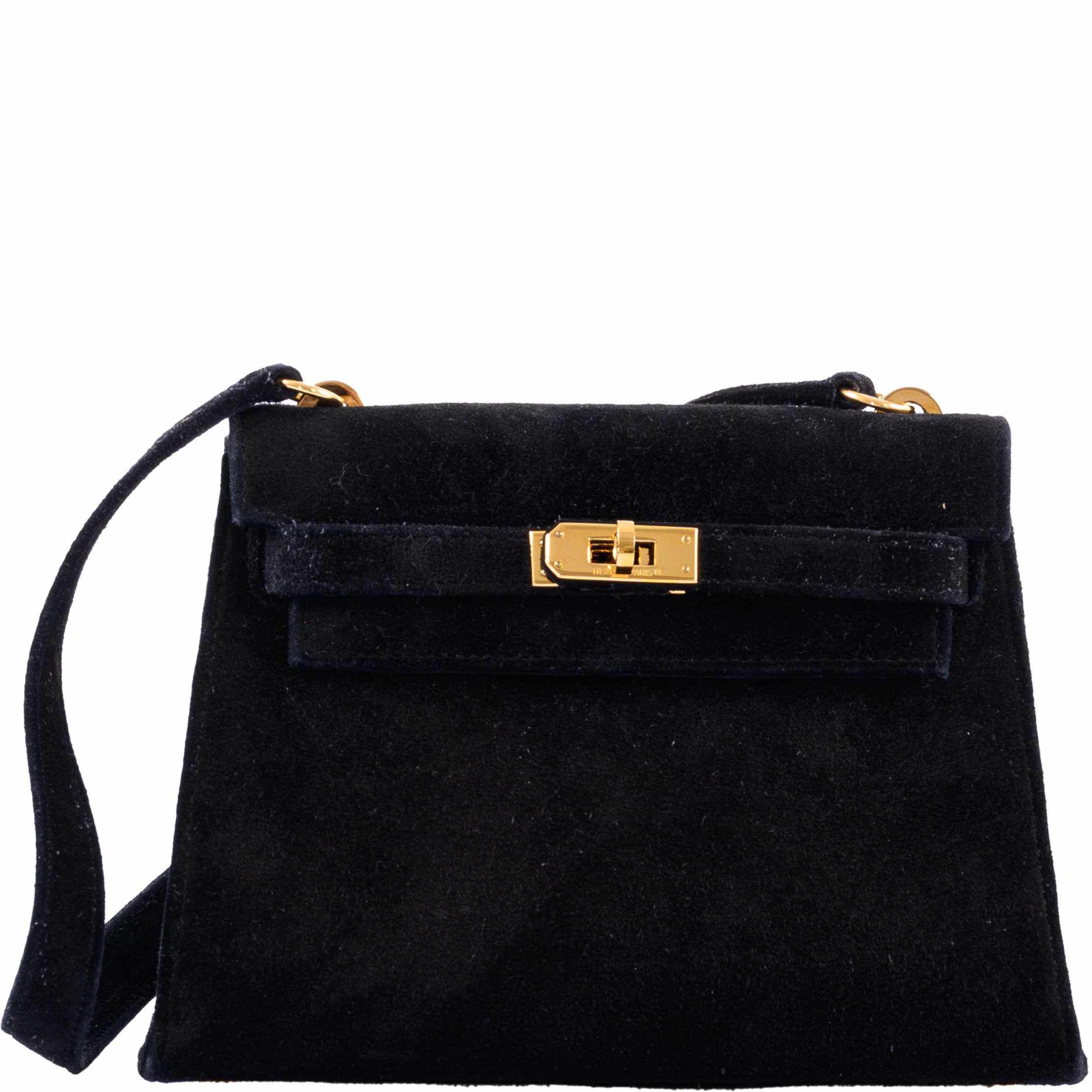 Hermès Mini Kelly 20 Sellier Shoulder Black Veau Doblis Suede Gold Hardware - 1999