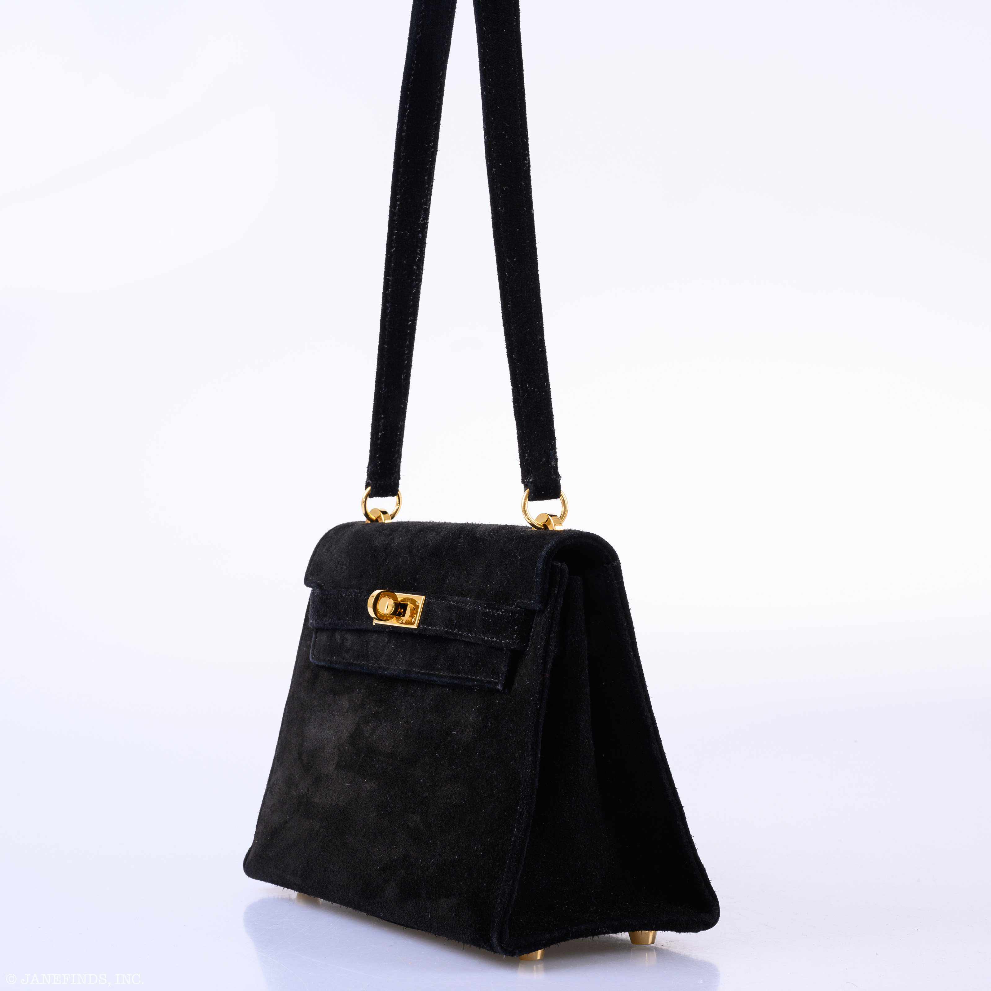 Hermès Mini Kelly 20 Sellier Shoulder Black Veau Doblis Suede Gold Hardware - 1999