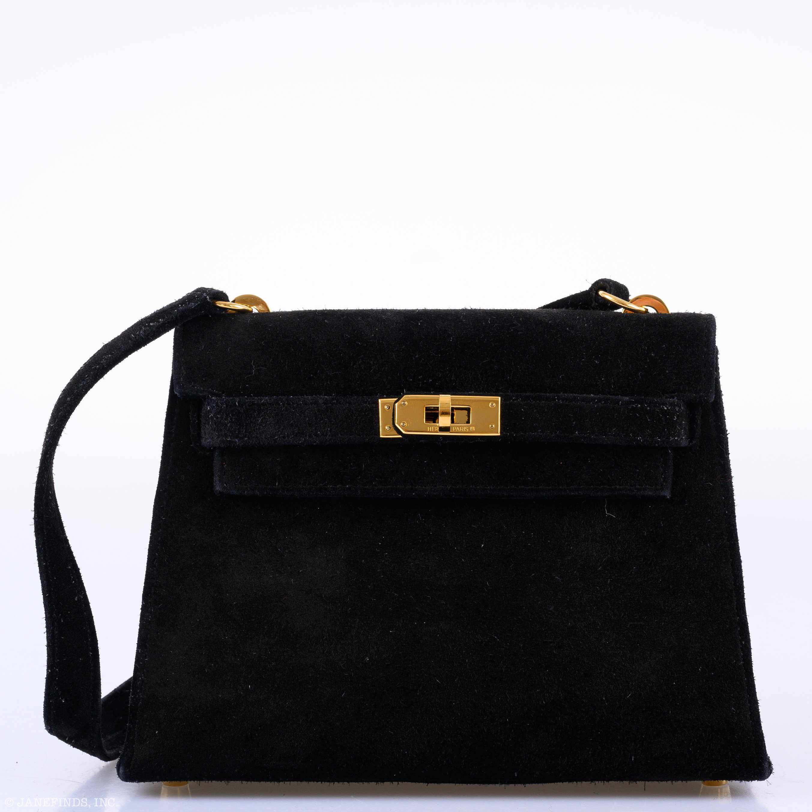 Hermès Mini Kelly 20 Sellier Shoulder Black Veau Doblis Suede Gold Hardware - 1999