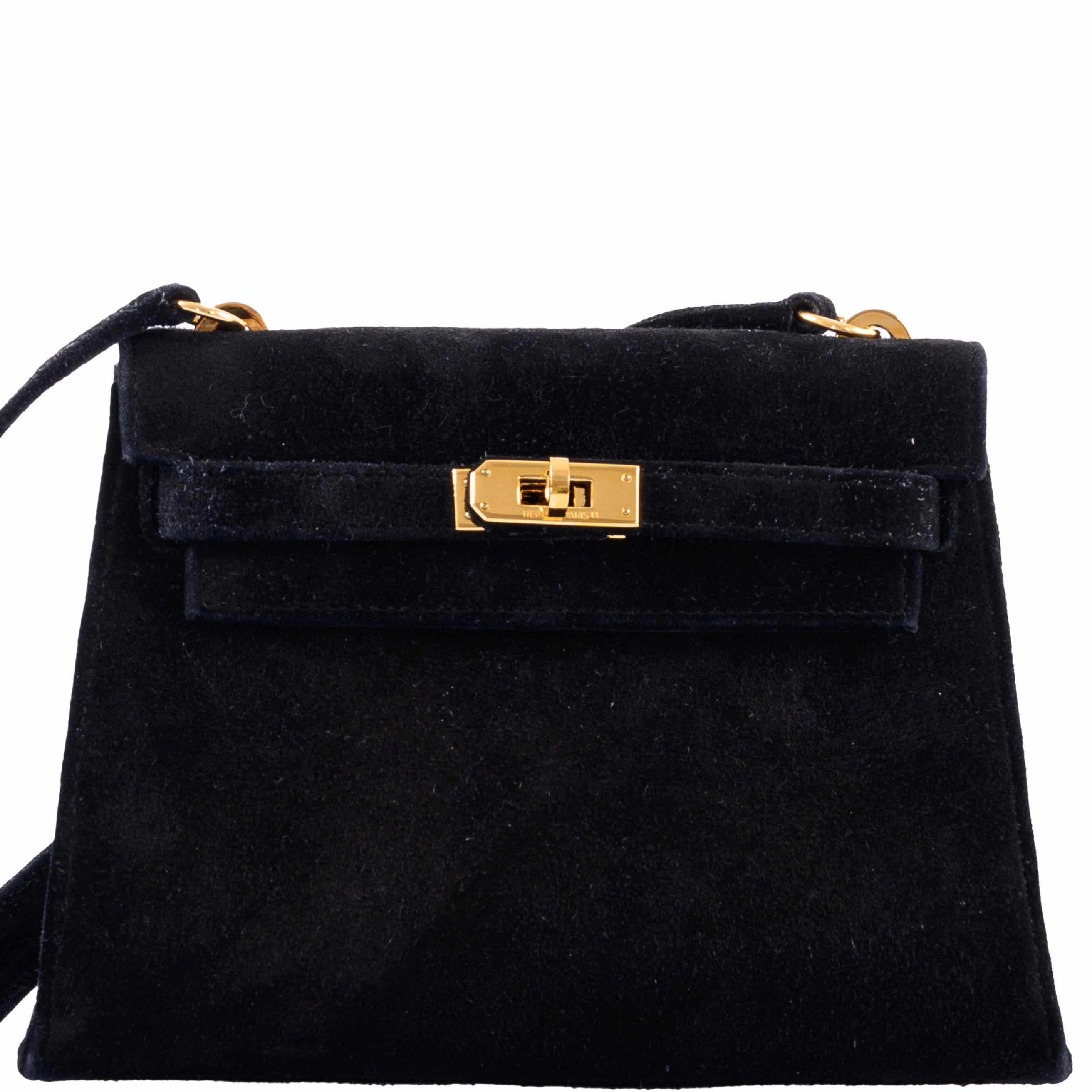 Hermès Mini Kelly 20 Sellier Shoulder Black Veau Doblis Suede Gold Hardware - 1999