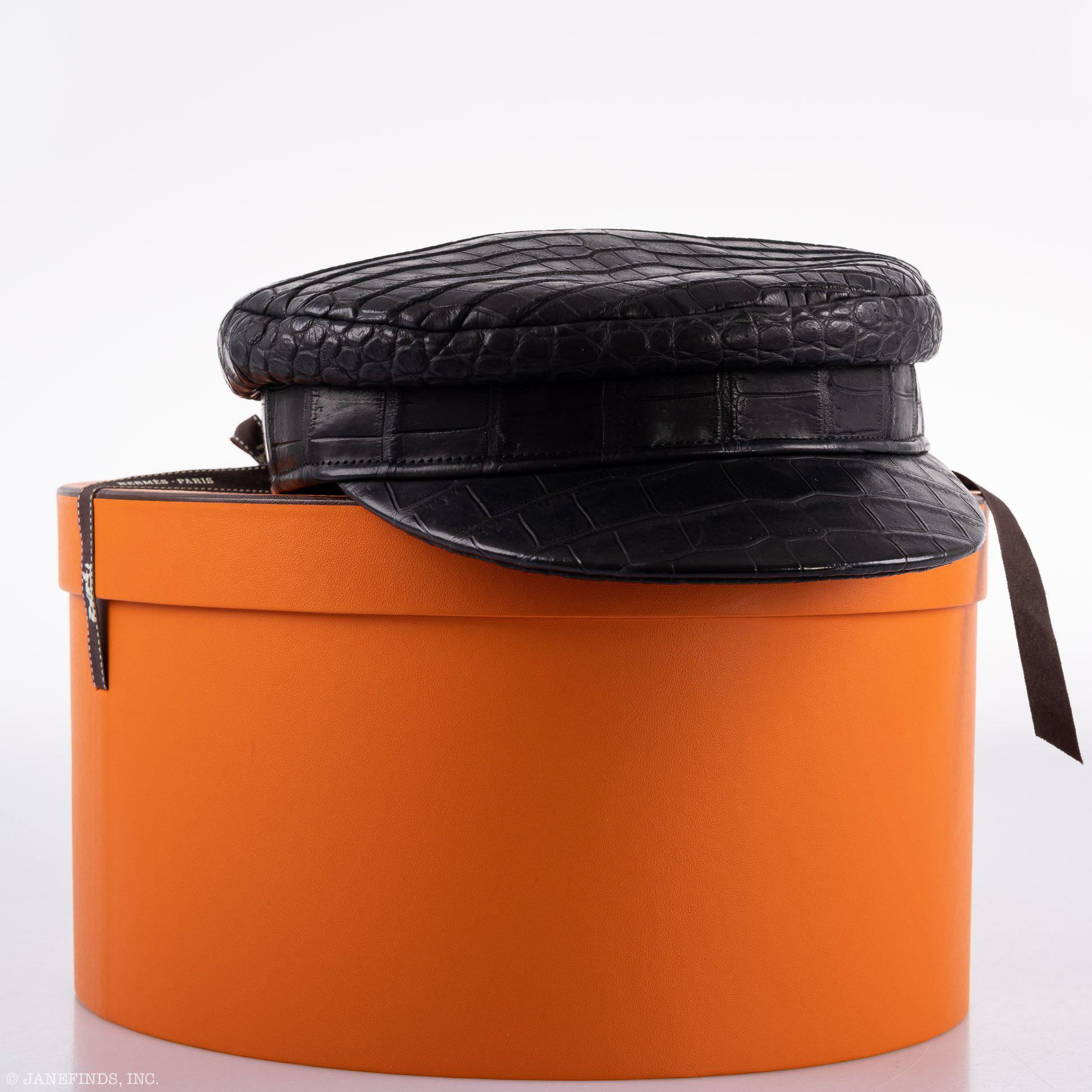 Hermès Newsboy Cap Matte Black Porosus Crocodile 57