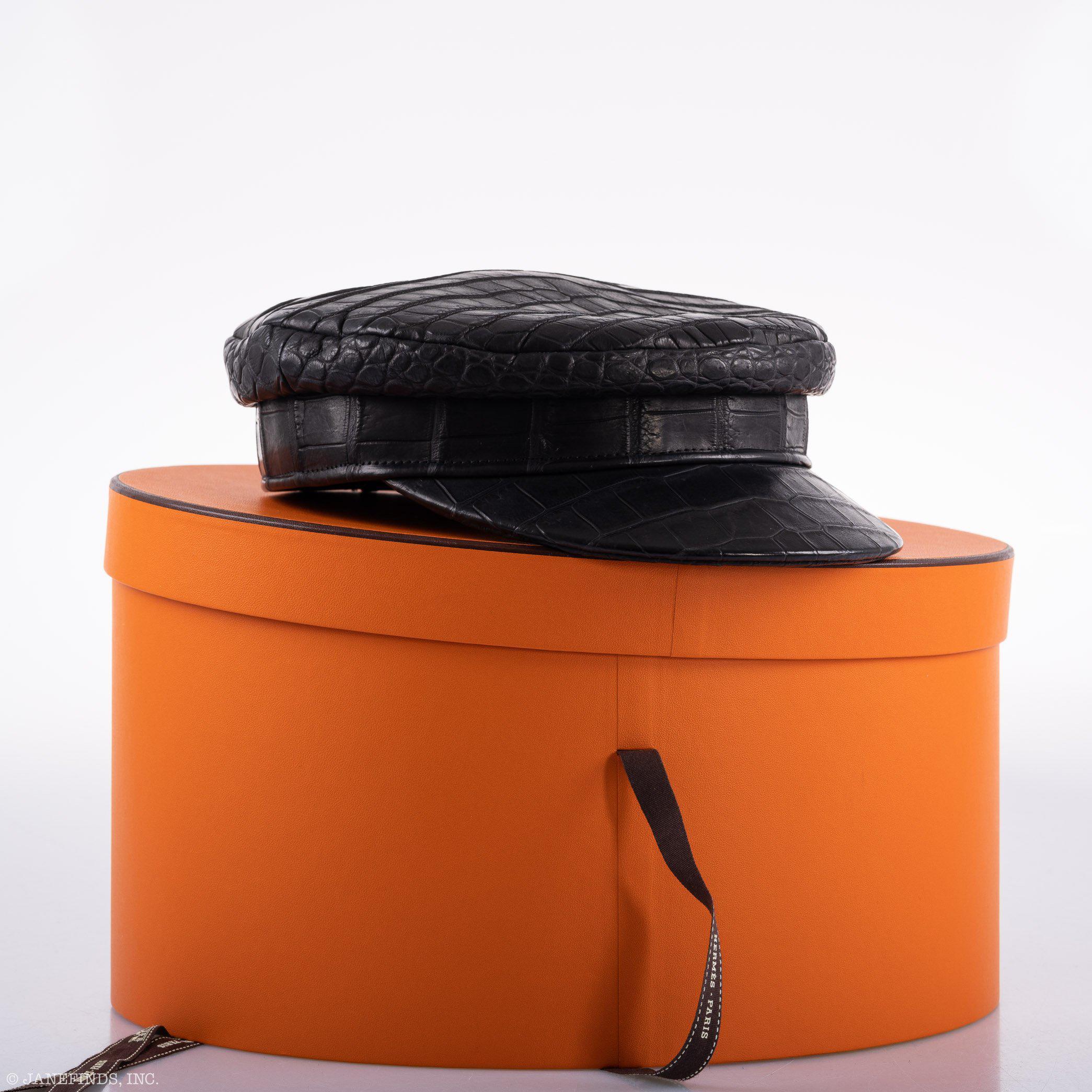 Hermès Newsboy Cap Matte Black Porosus Crocodile 57