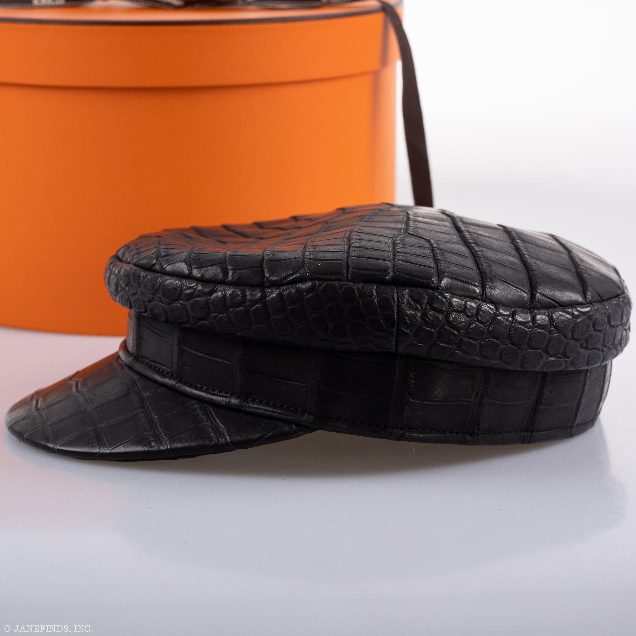 Hermès Newsboy Cap Matte Black Porosus Crocodile 57
