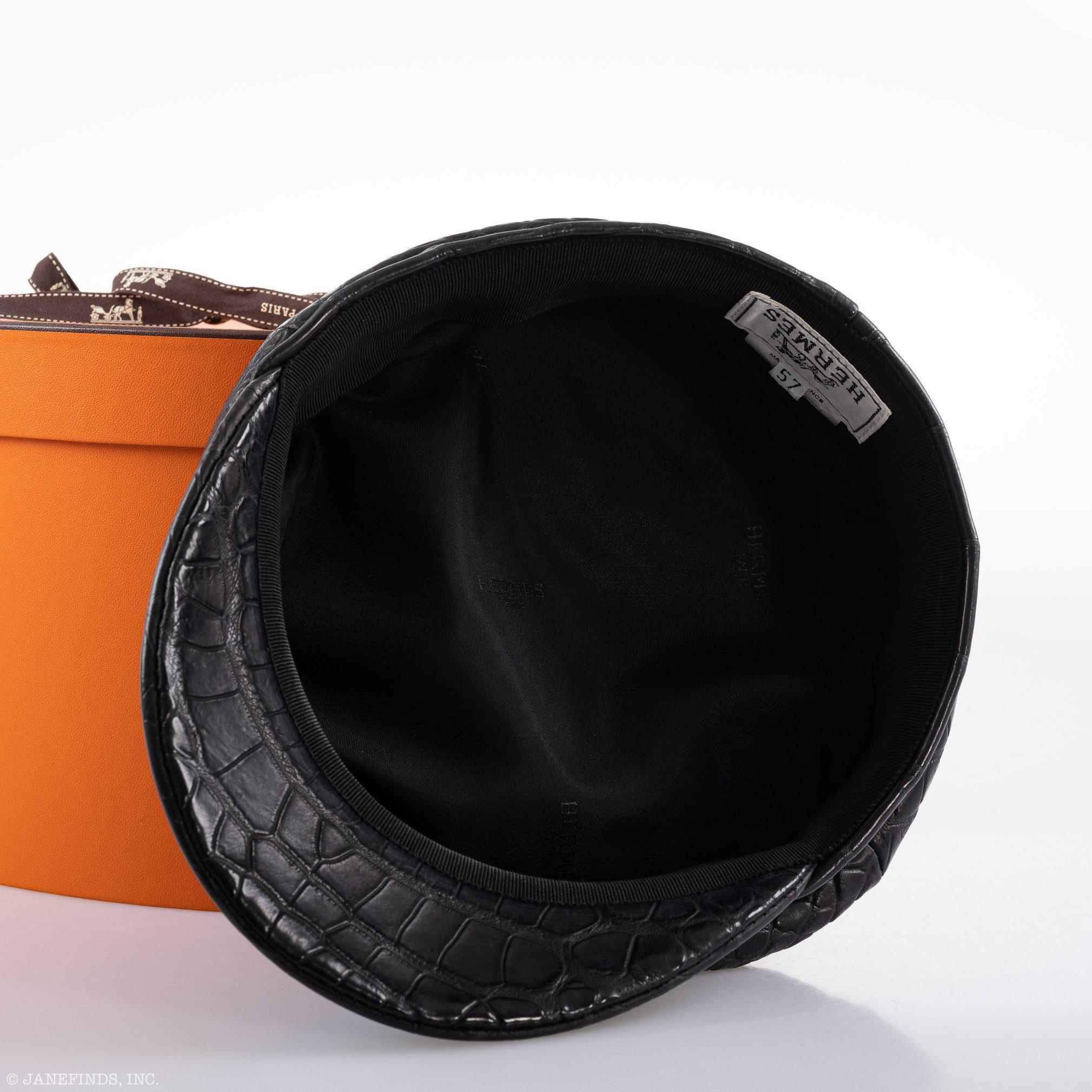 Hermès Newsboy Cap Matte Black Porosus Crocodile 57