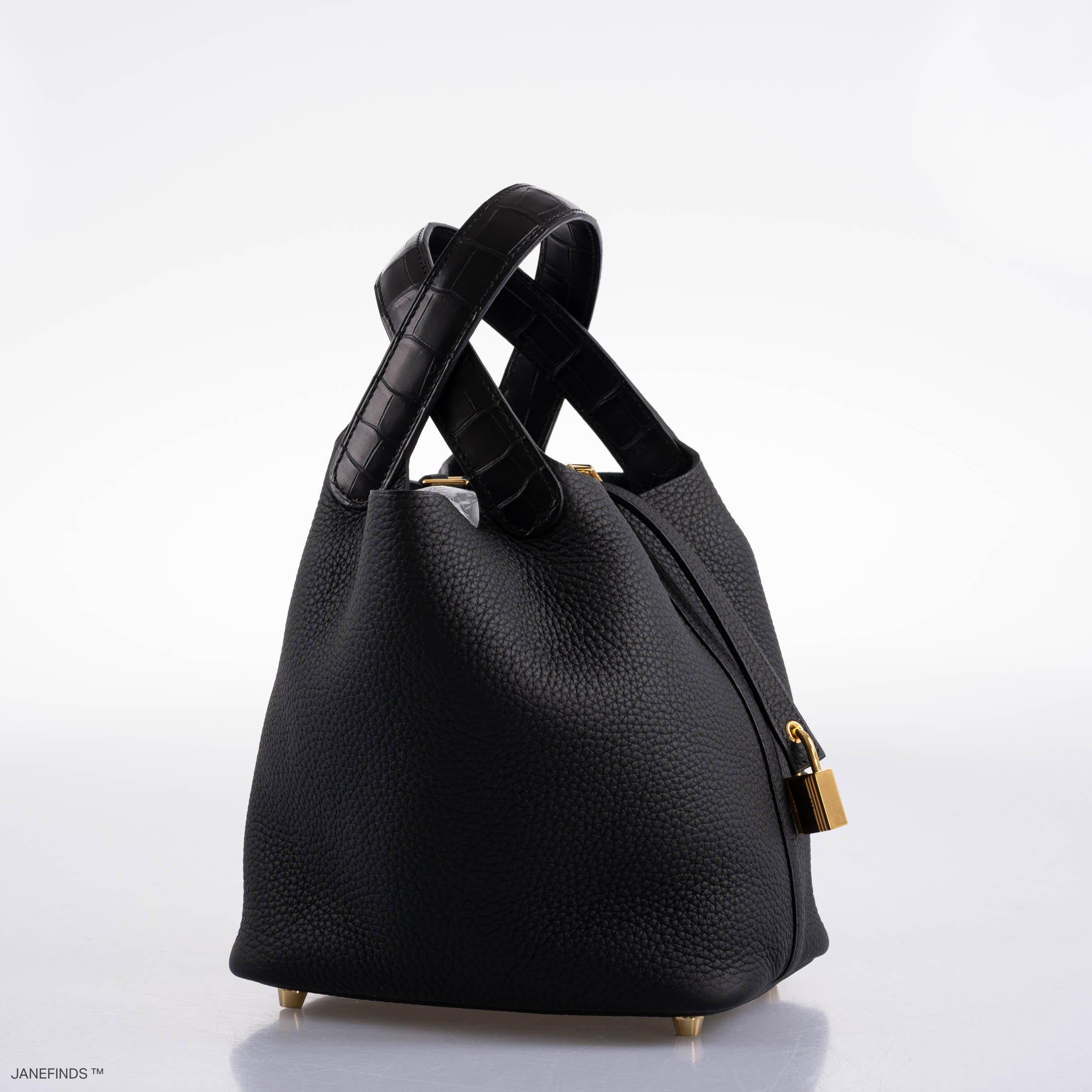Hermès Picotin Lock Touch 18 PM Black Taurillon Clemence & Matte Alligator Gold Hardware