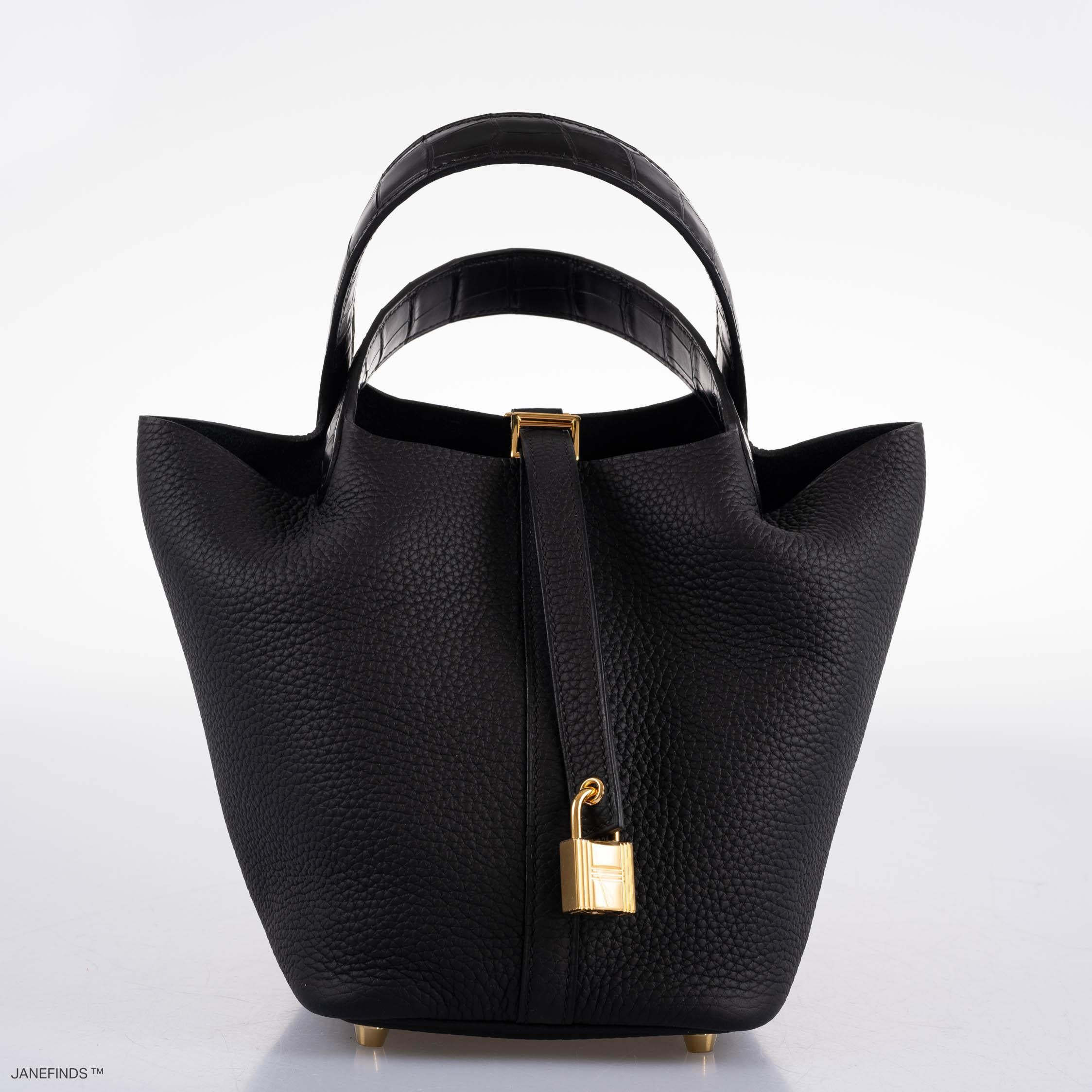 Hermès Picotin Lock Touch 18 PM Black Taurillon Clemence & Matte Alligator Gold Hardware