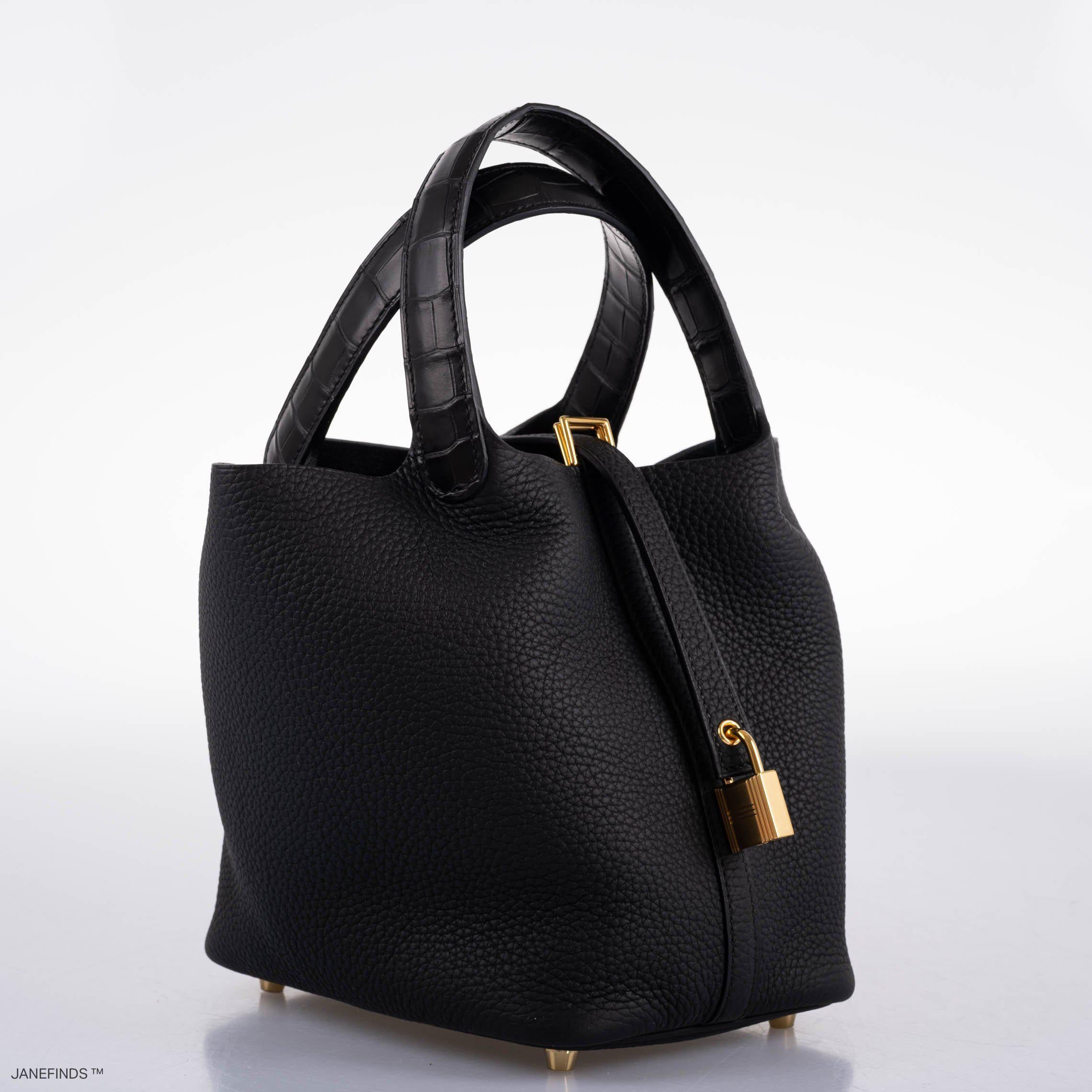 Hermès Picotin Lock Touch 18 PM Black Taurillon Clemence & Matte Alligator Gold Hardware