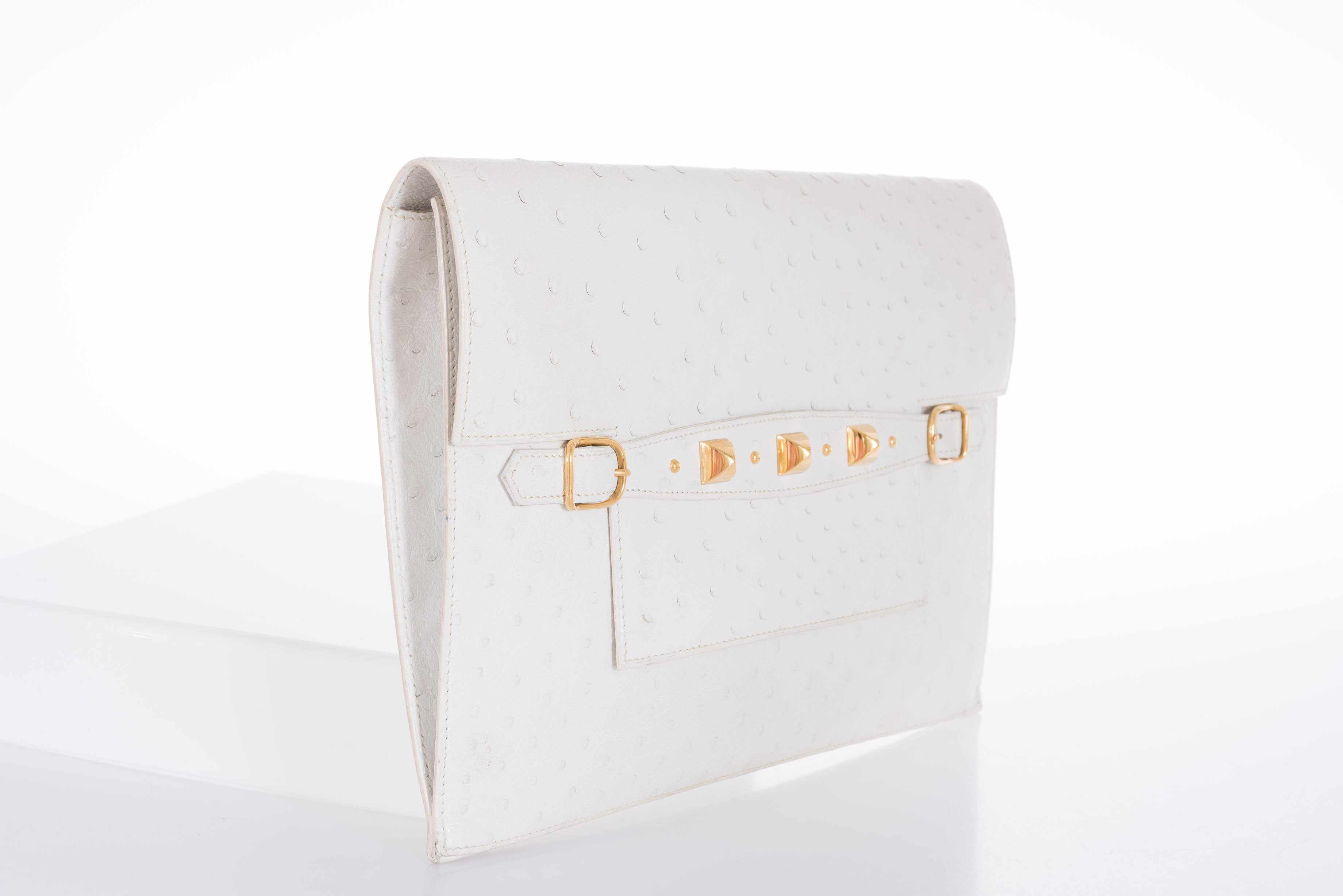 Hermès Pre-Medor Clutch White Ostrich Gold Hardware