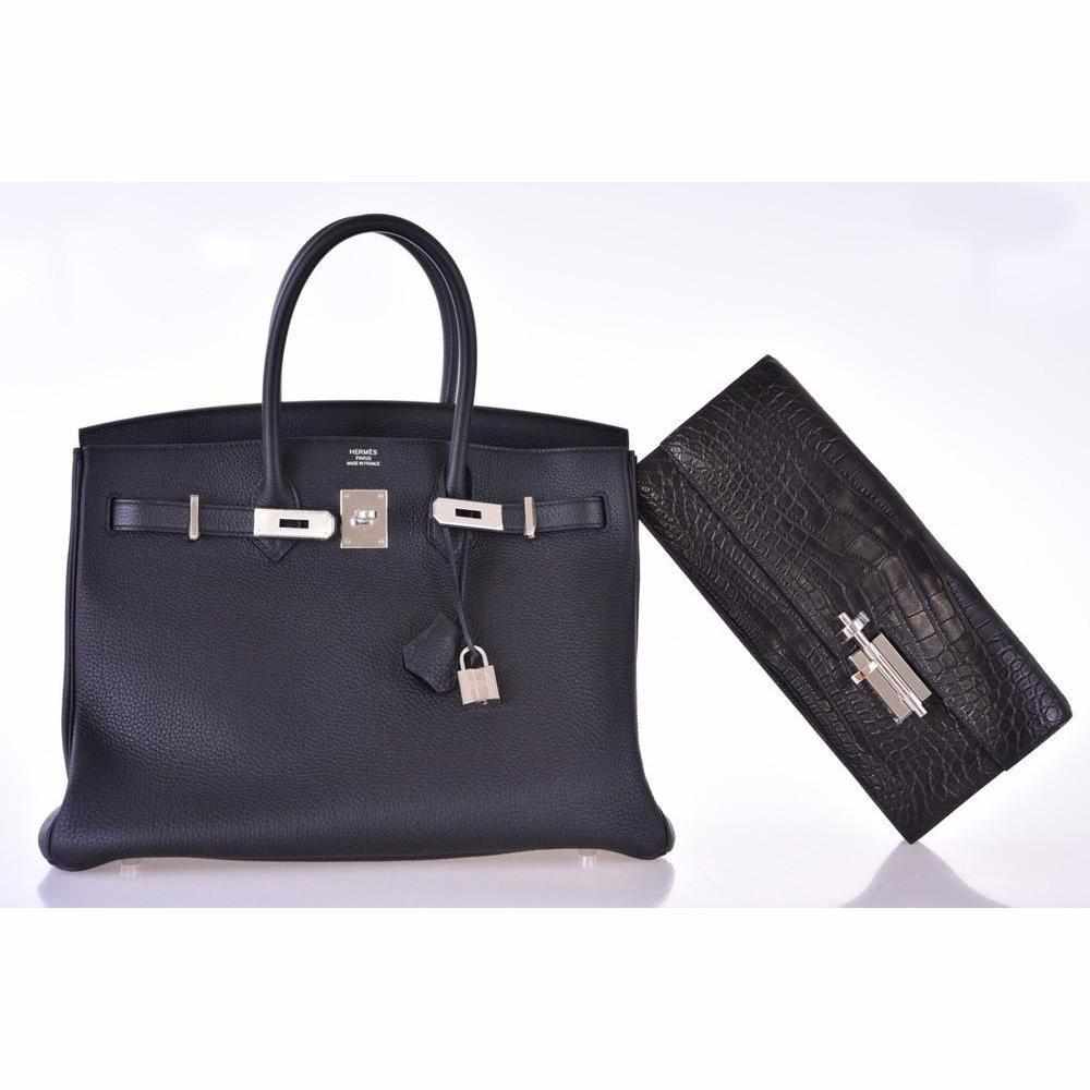 Hermès Verrou Alligator Elan Clutch Black Matte Palladium Hardware