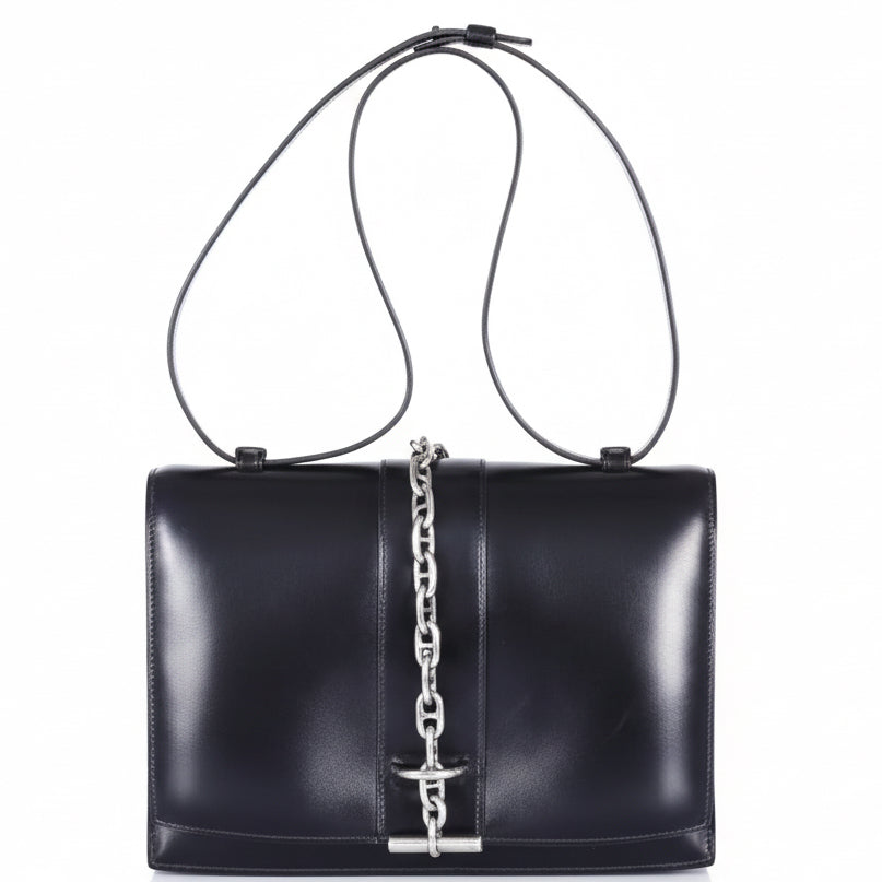 Hermès Vintage Black Box Calf Bonwit Teller Bag Sterling Silver Chaine d'Ancre