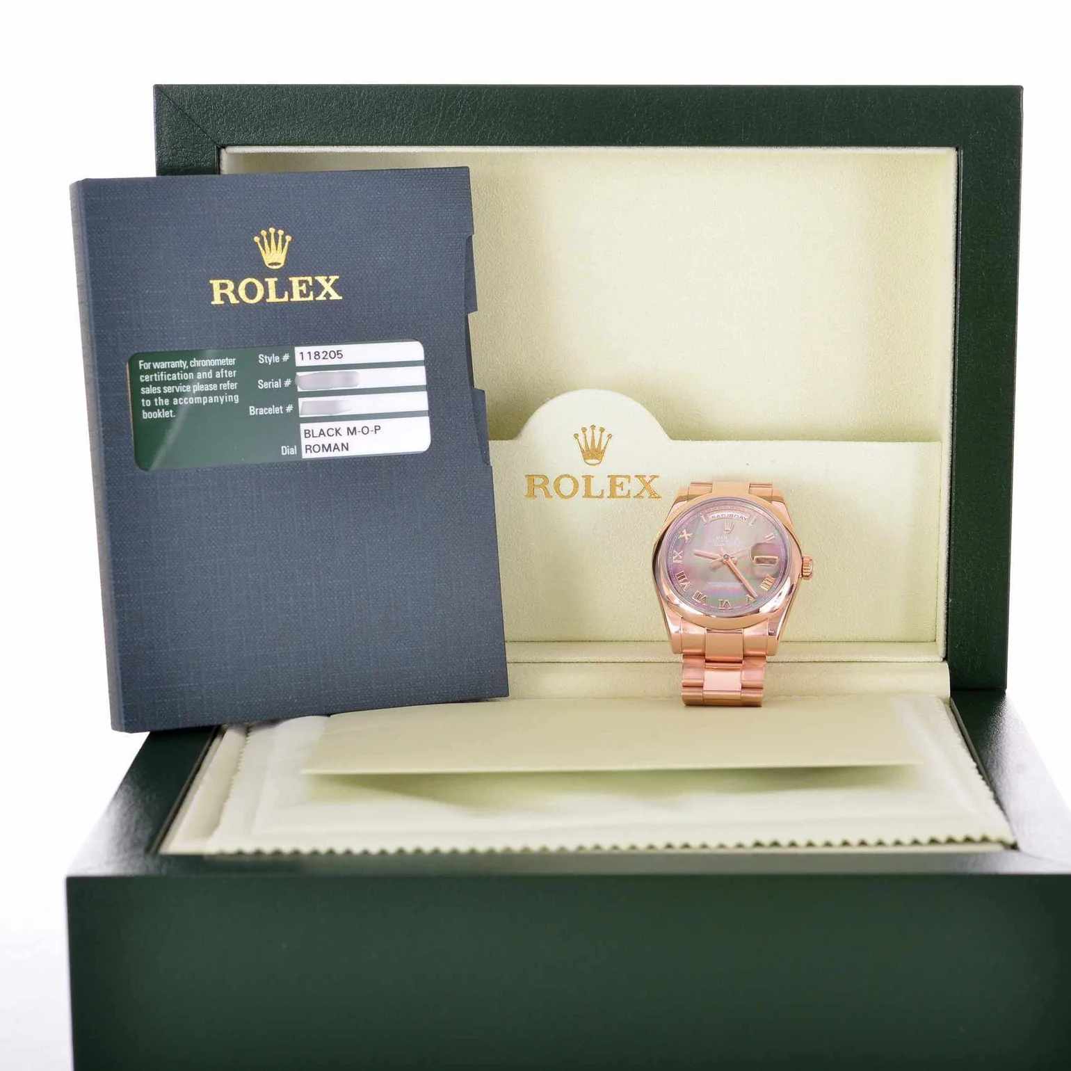 Rolex Day-Date 36mm Everose Gold Black Mother Of Pearl Roman Dial 118205