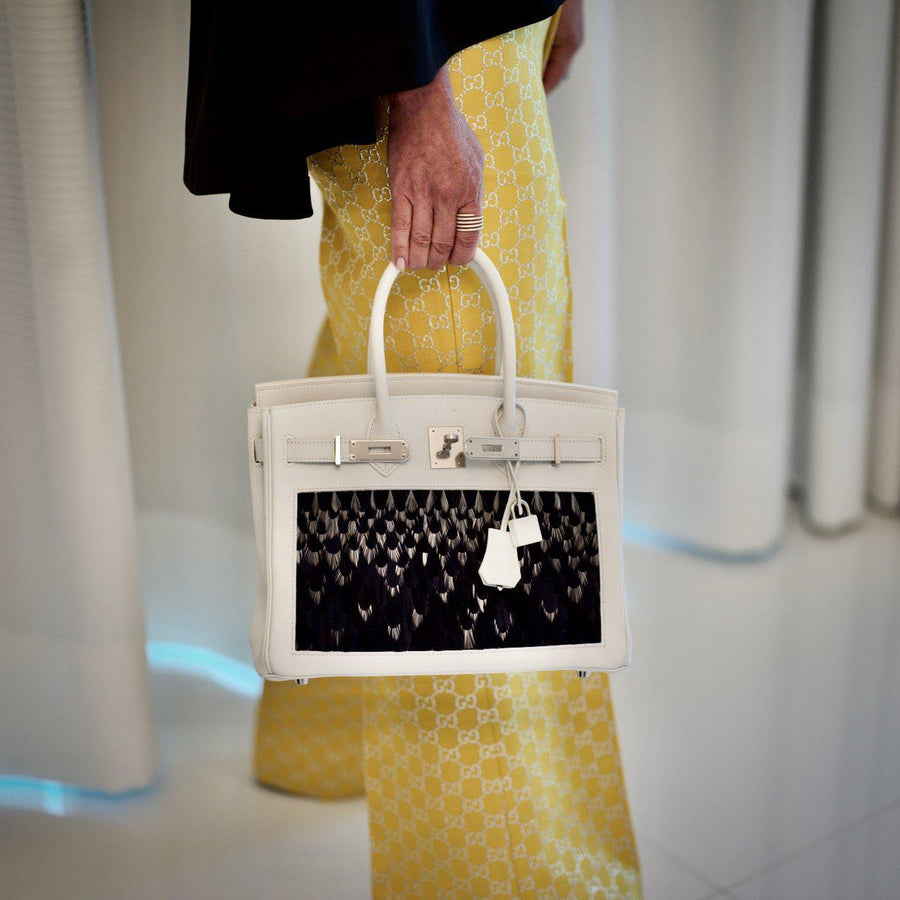 Vintage Hermès Birkin 30 White Epsom with Custom Feather Panel & Palladium Hardware