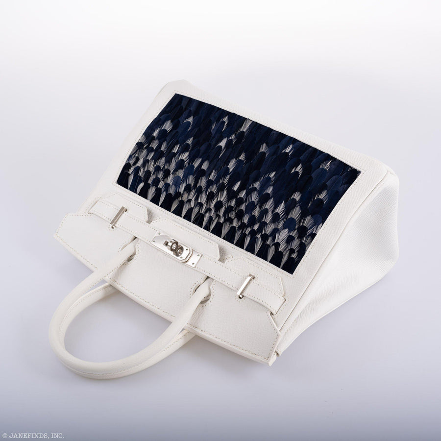 Vintage Hermès Birkin 30 White Epsom with Custom Feather Panel & Palladium Hardware
