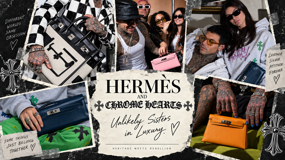 Hermès and Chrome Hearts: Unlikely Sisters in Luxury, an editorial collage of colorful handbags, silver accessories, and street style.