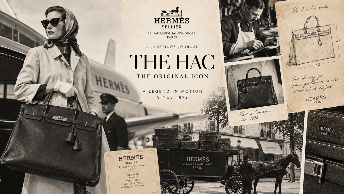 AI-generated editorial collage for the Hermès HAC history, combining a vintage-style traveler, leatherworking, bag sketches and a horse-drawn carriage. Not archival photography.