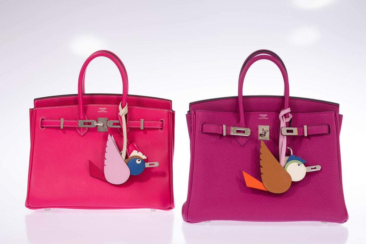 Two Hermès Birkin 25 bags, one in Rose Tyrien Epsom and one in purple, with palladium hardware and leather bird charms