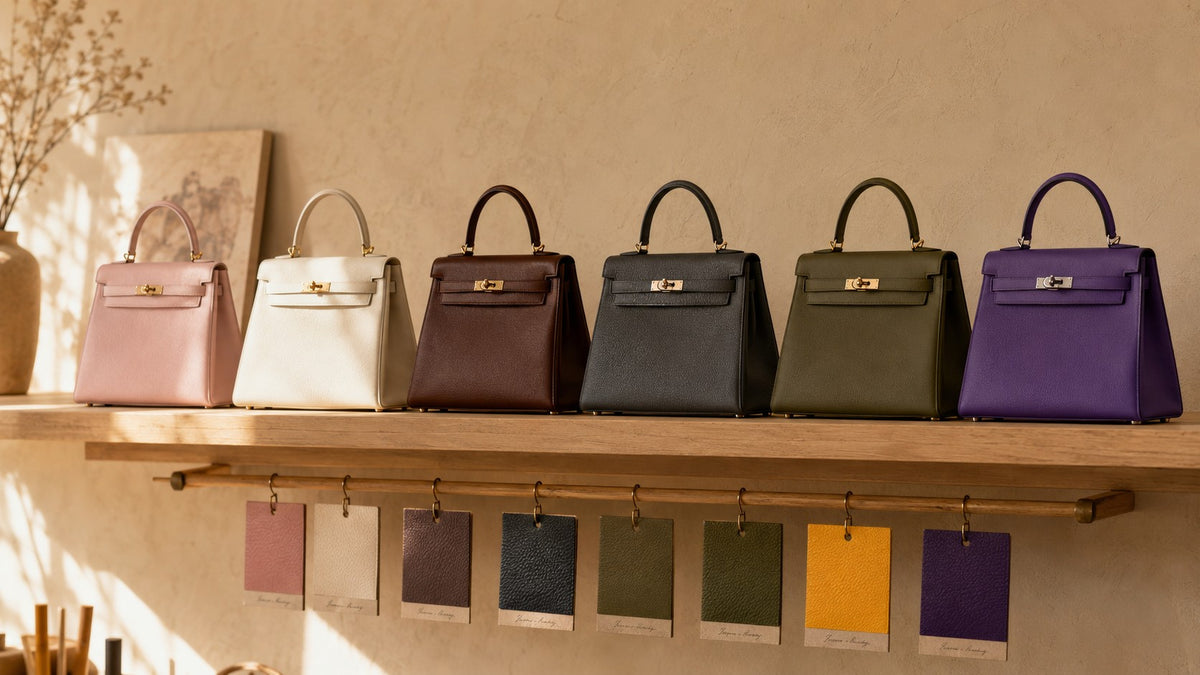 Hermès 2026 color study — six silhouettes on a sunlit atelier shelf above leather swatch cards