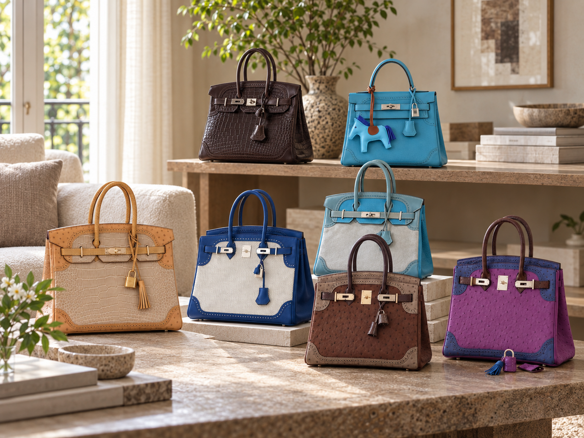 Seven Hermès Ghillies and Grand Mariage bags, including a turquoise Kelly and exotic, ostrich, Toile and suede Birkins