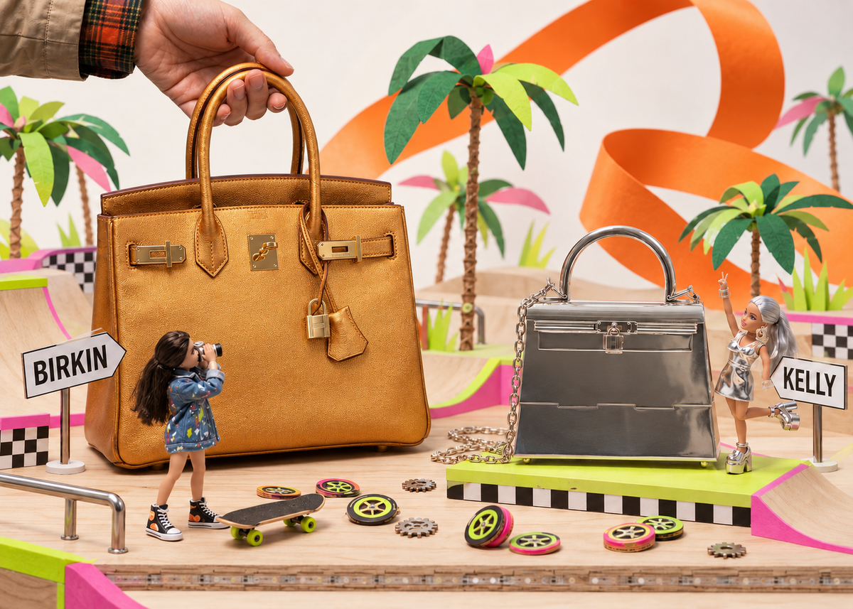 Metallic Bronze Hermès Birkin 30 and miniature sterling-silver Kelly in a playful miniature skatepark with fashion dolls and an orange gift ribbon.