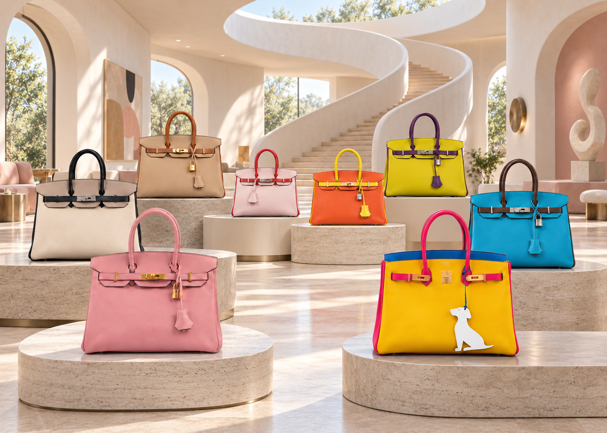 Eight Hermès HSS special order Birkin bags in vivid and neutral color combinations on curved stone plinths in a sunlit gallery.