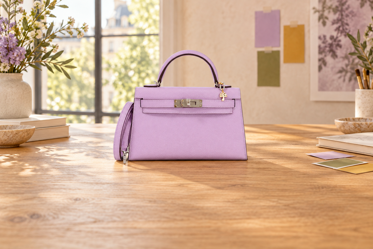 Editorial visualization based on the Guimauve Mini Kelly II 20, set in a sunlit color atelier