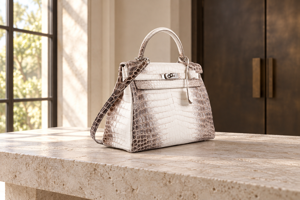 Editorial illustration based on Three-quarter view of a Hermès Kelly 32 Retourne in Himalayan Niloticus crocodile with palladium hardware, JaneFinds