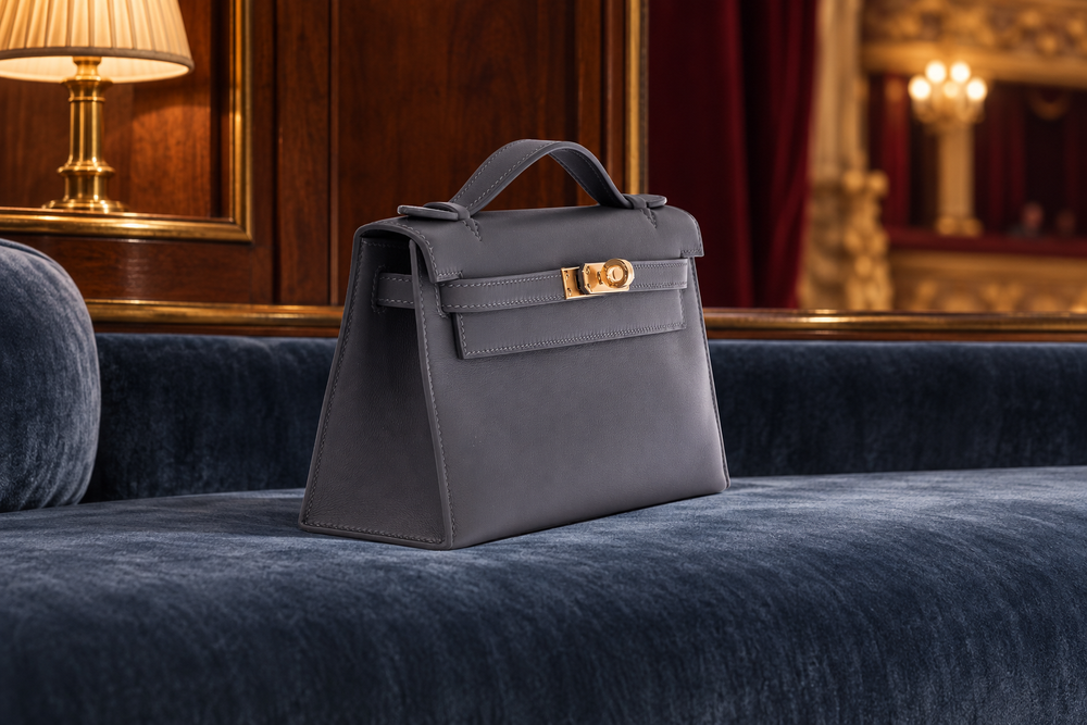 Editorial illustration based on Hermès Kelly Pochette in Ardoise Swift with Gold hardware, shown from a three-quarter angle in a JaneFinds catalog photograph