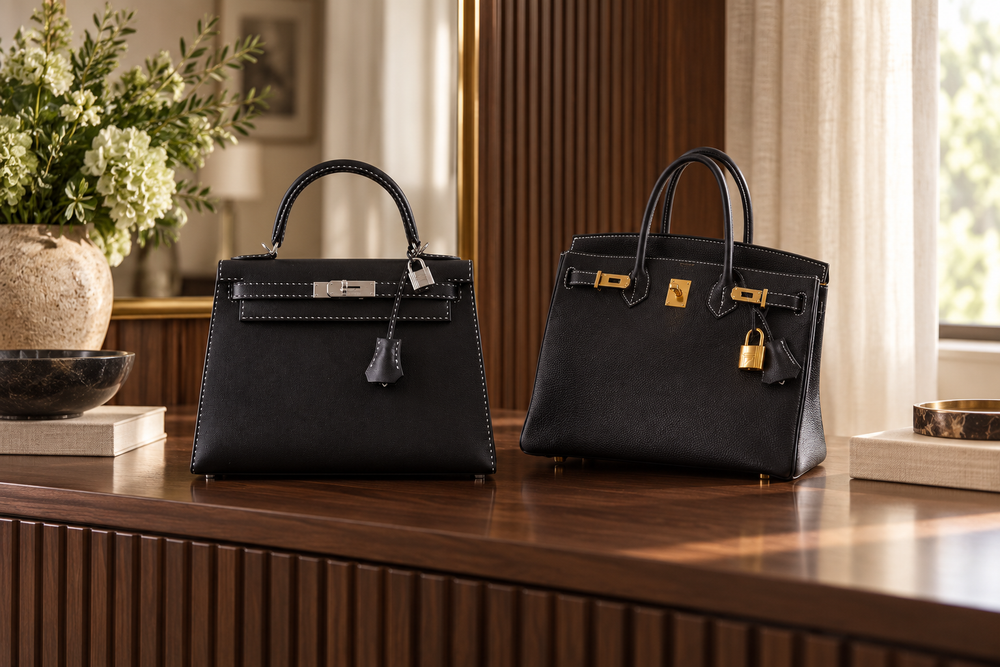 Editorial illustration based on Two black Hermès Kelly bags, including the Kelly 28 Un Point Sur Deux, photographed for JaneFinds