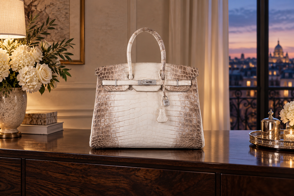 Editorial illustration based on the JaneFinds Himalaya Birkin 35 with diamond-set white-gold hardware, in an evening salon