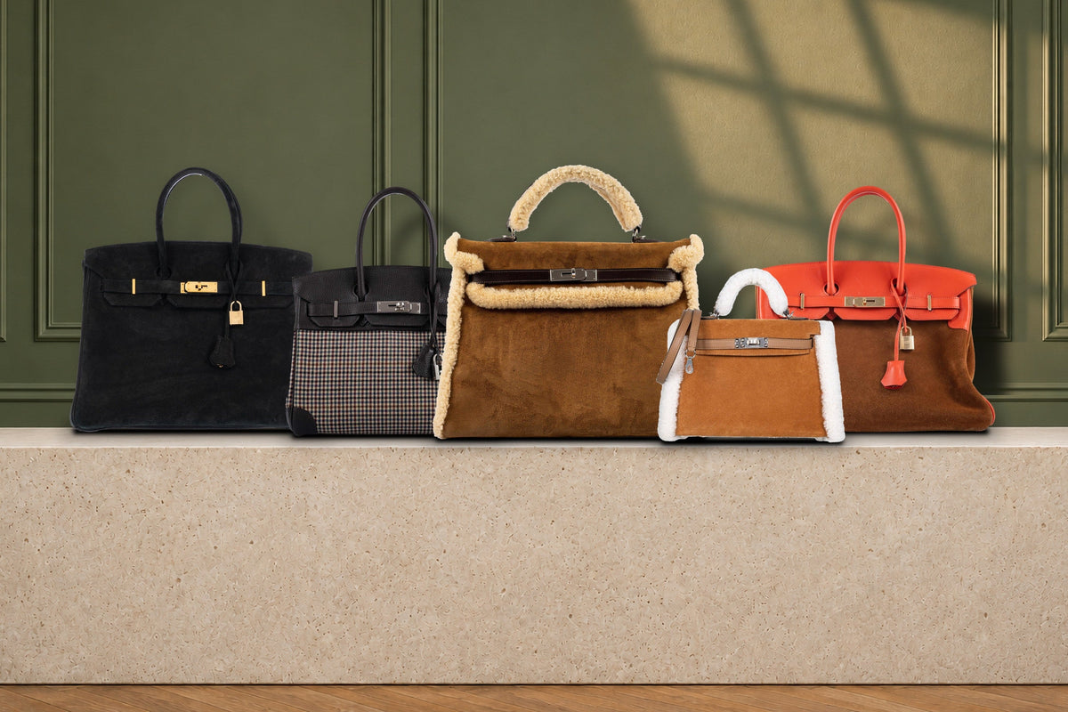 Five Hermès bags in suede, shearling and wool from the JANEFINDS collection: a black veau velours Birkin 35, a houndstooth Lainage Birkin 30, the Teddy Kelly 35, a Mini Teddy Kelly 20 and a Capucine and Fauve Grizzly Birkin 35