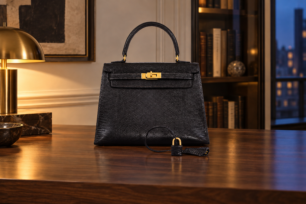 Editorial illustration based on Hermès Kelly 25 Sellier in black lizard with gold hardware, JaneFinds