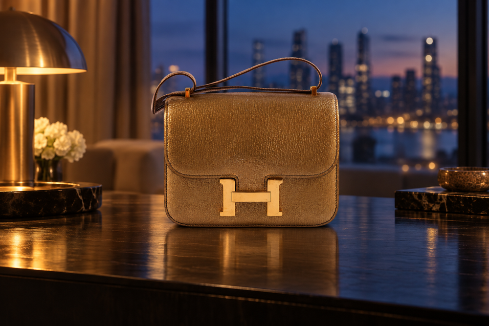 Editorial illustration based on Hermès Constance 18 in gold metallic Chèvre with gold hardware