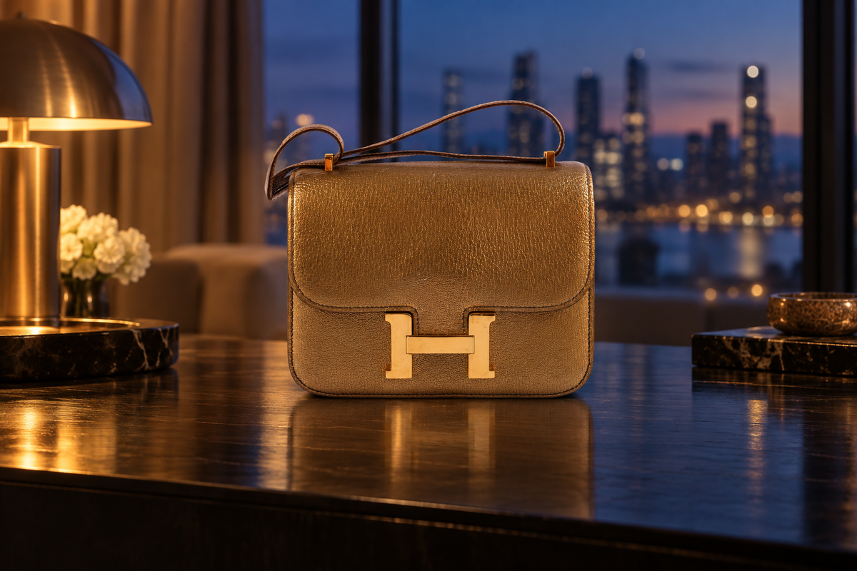 Editorial illustration based on Hermès Constance 18 in gold metallic Chèvre with gold hardware
